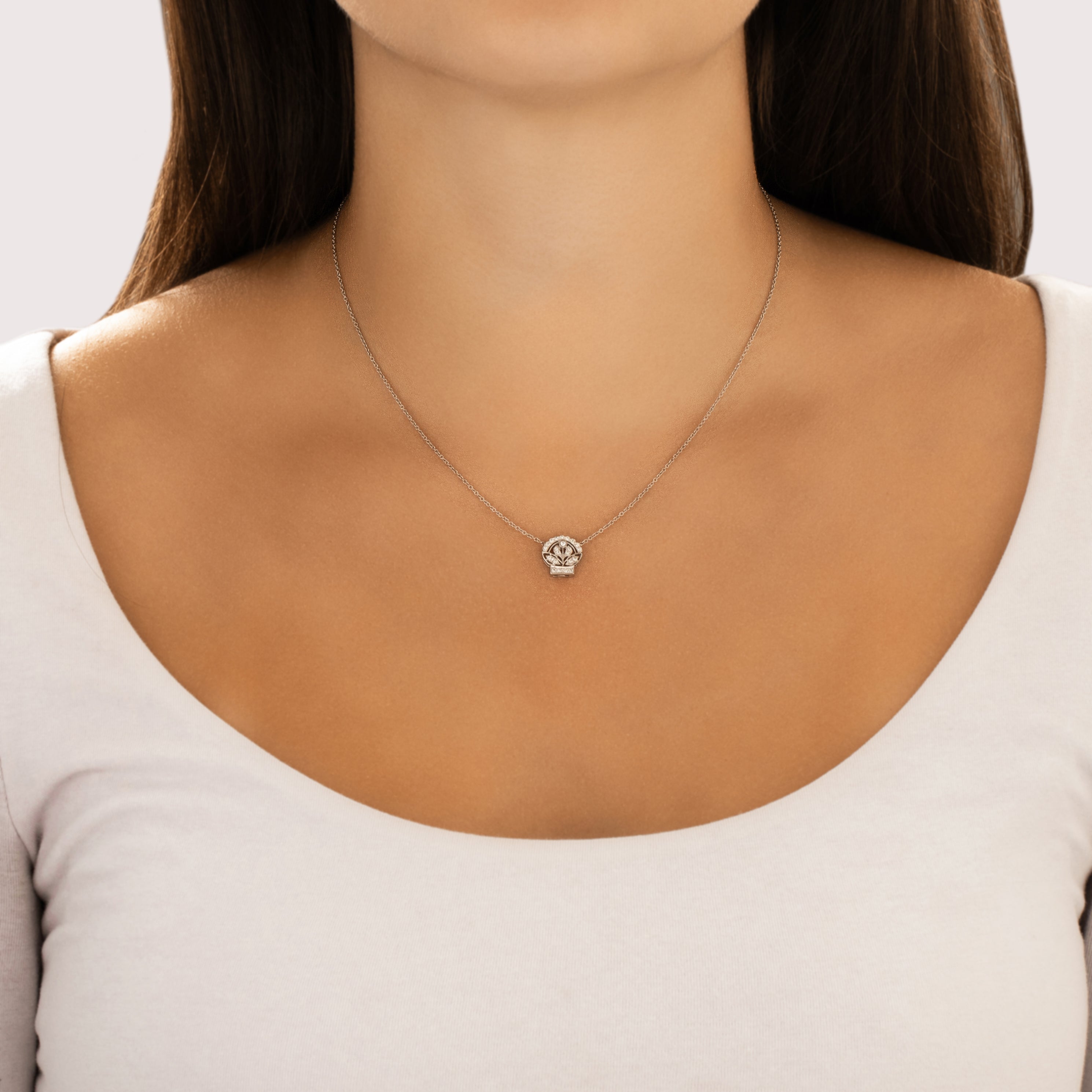 Vintage 18k White Gold Diamond Regal Floral Basket Necklace - On model view