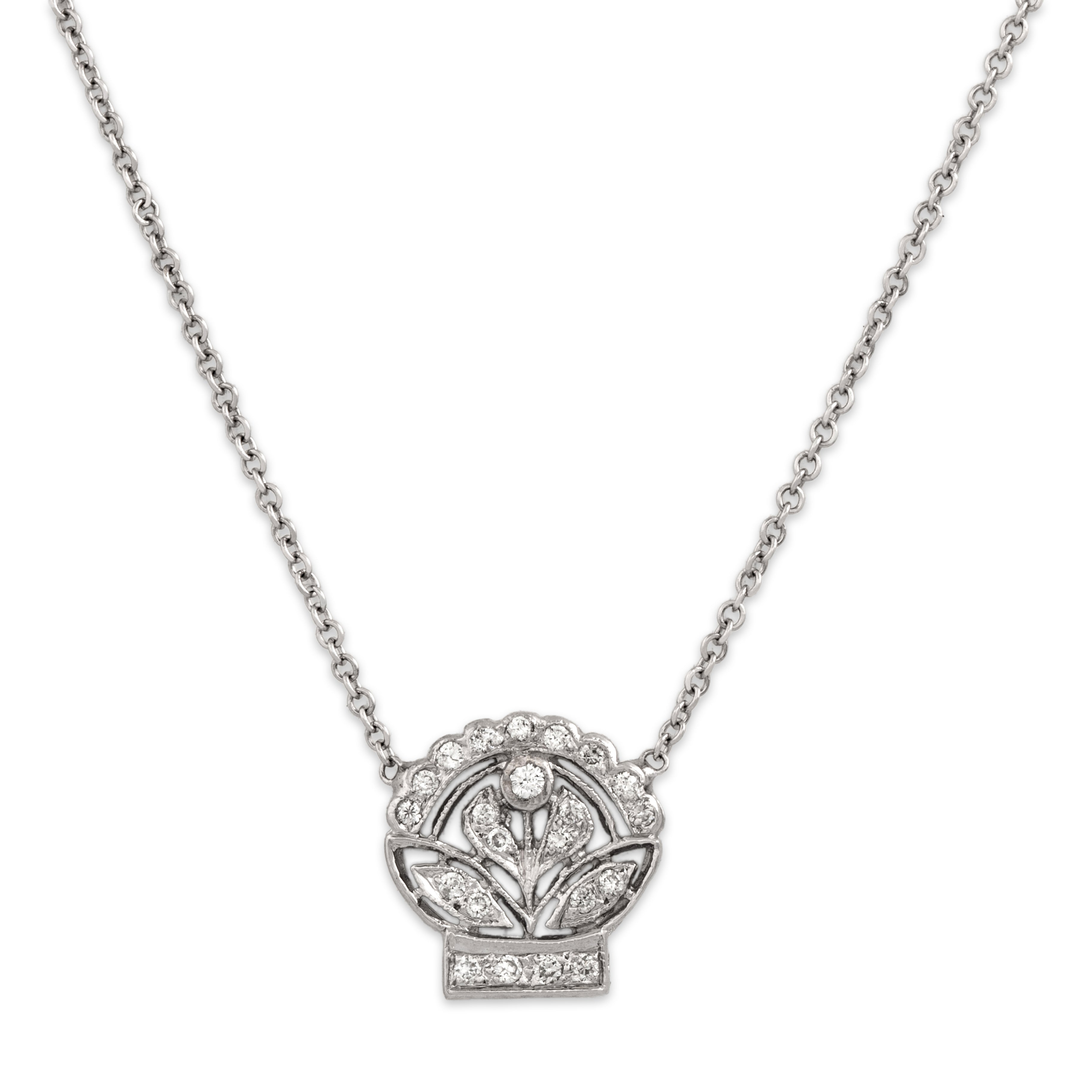 Vintage 18k White Gold Diamond Regal Floral Basket Necklace - detail view #1