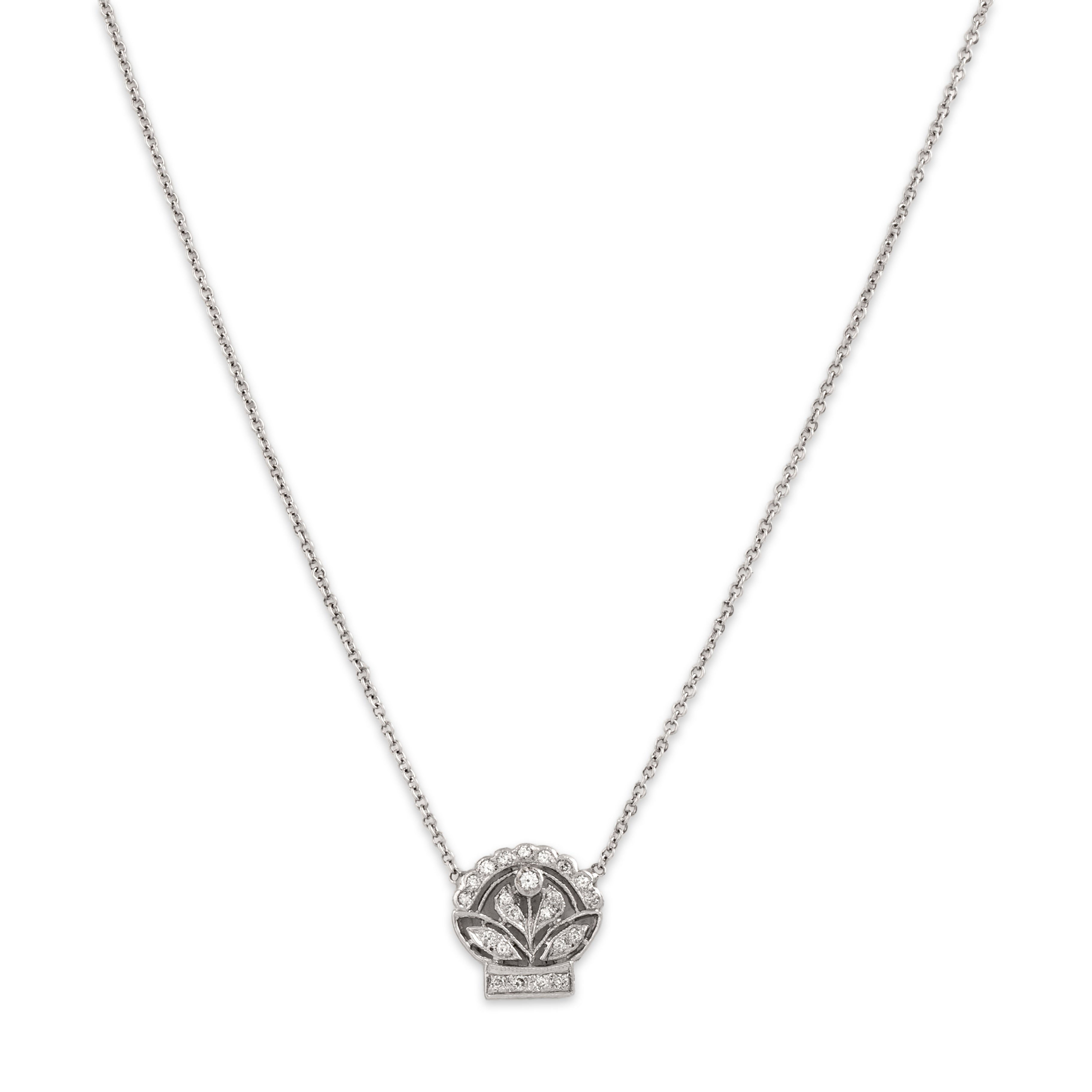 Vintage 18k White Gold Diamond Regal Floral Basket Necklace - detail view #2