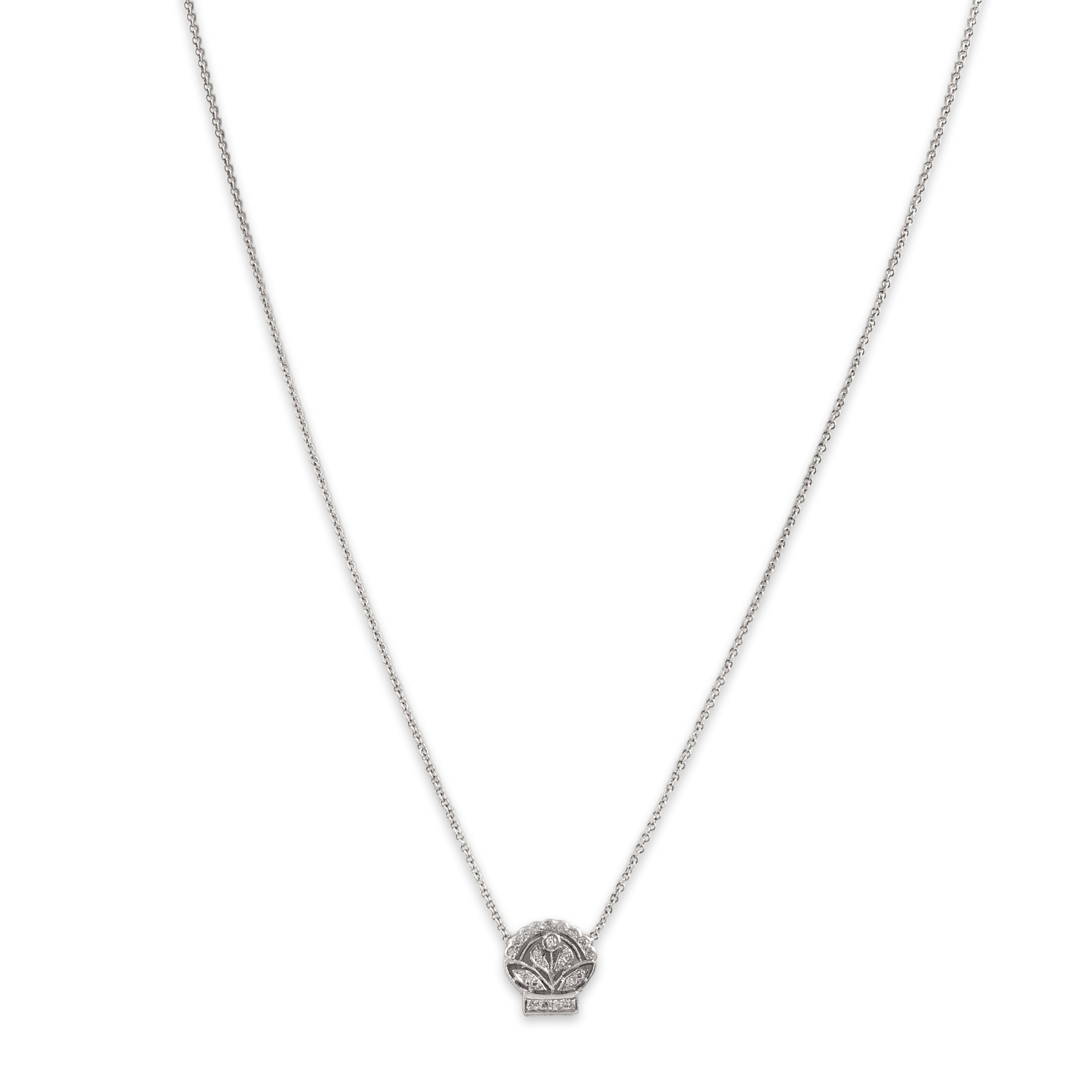 Vintage 18k White Gold Diamond Regal Floral Basket Necklace - Close-up view