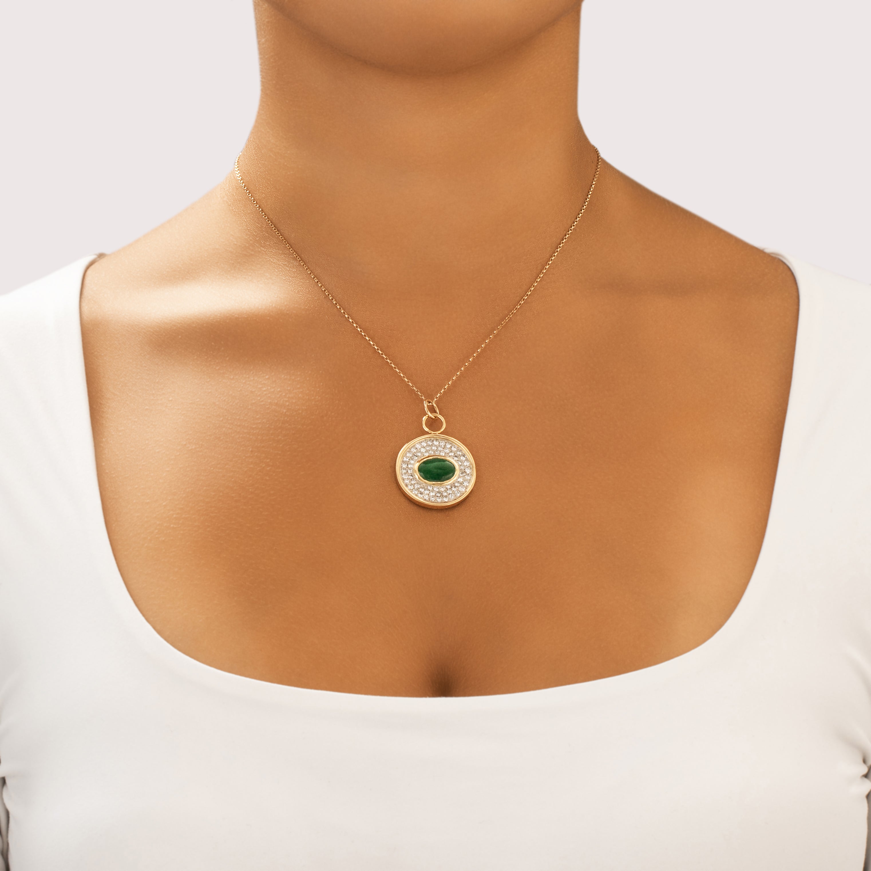 Vintage 18k Yellow & White Gold 3.06ct Jade 1.05cttw Diamond Superb Glittering Medallion Pendant - On model view