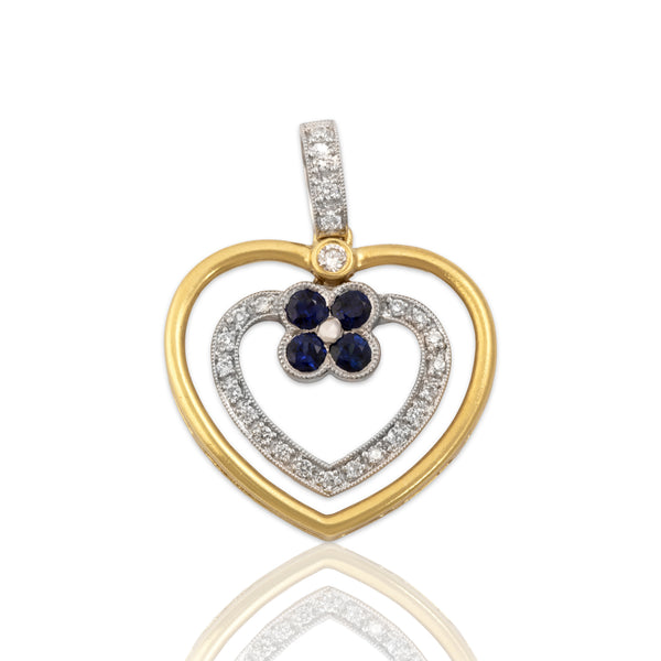 Vintage 18k Yellow & White Gold Blue Sapphire Diamond Lovely Heart Dangle Pendant