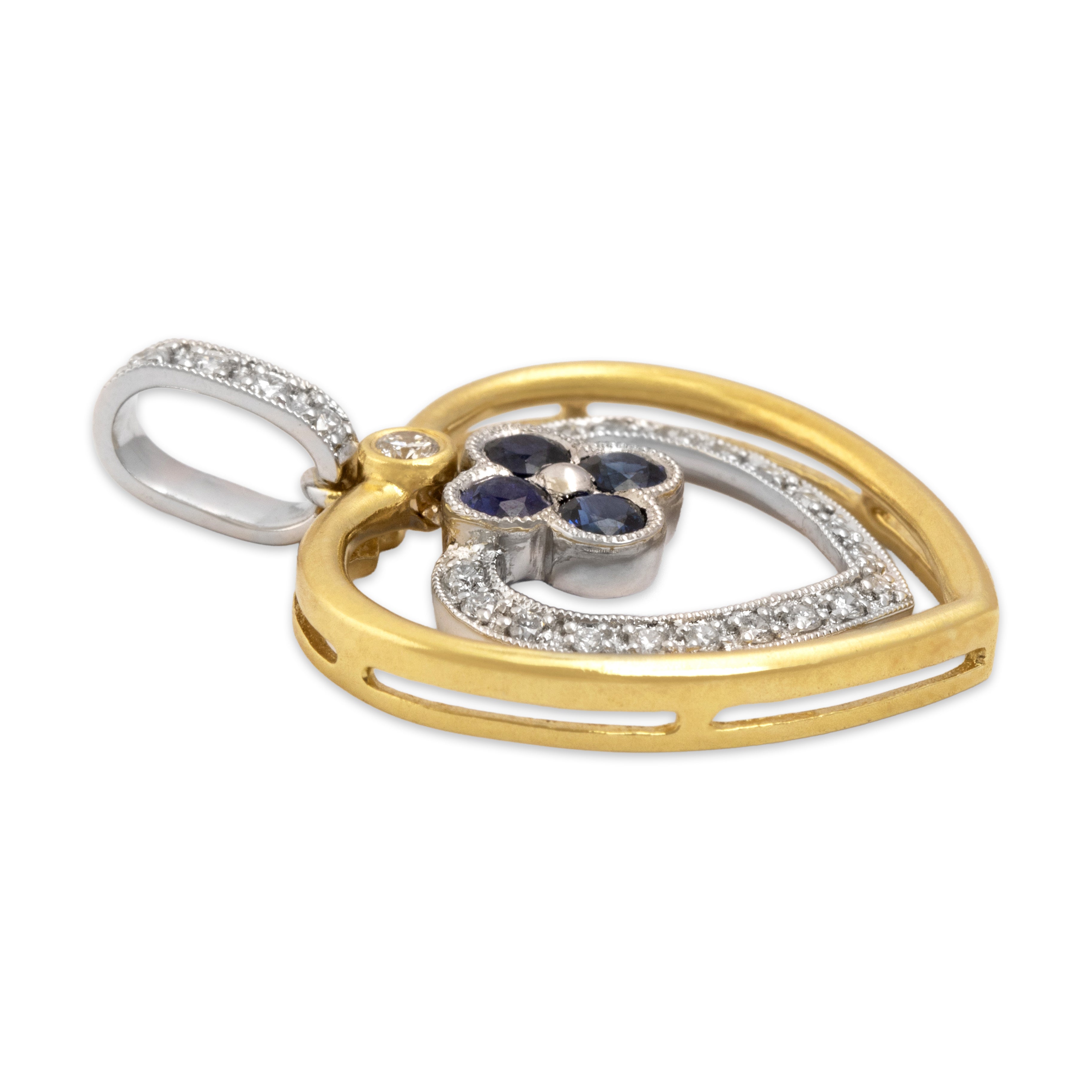 Vintage 18k Yellow & White Gold Blue Sapphire Diamond Lovely Heart Dangle Pendant - Side view