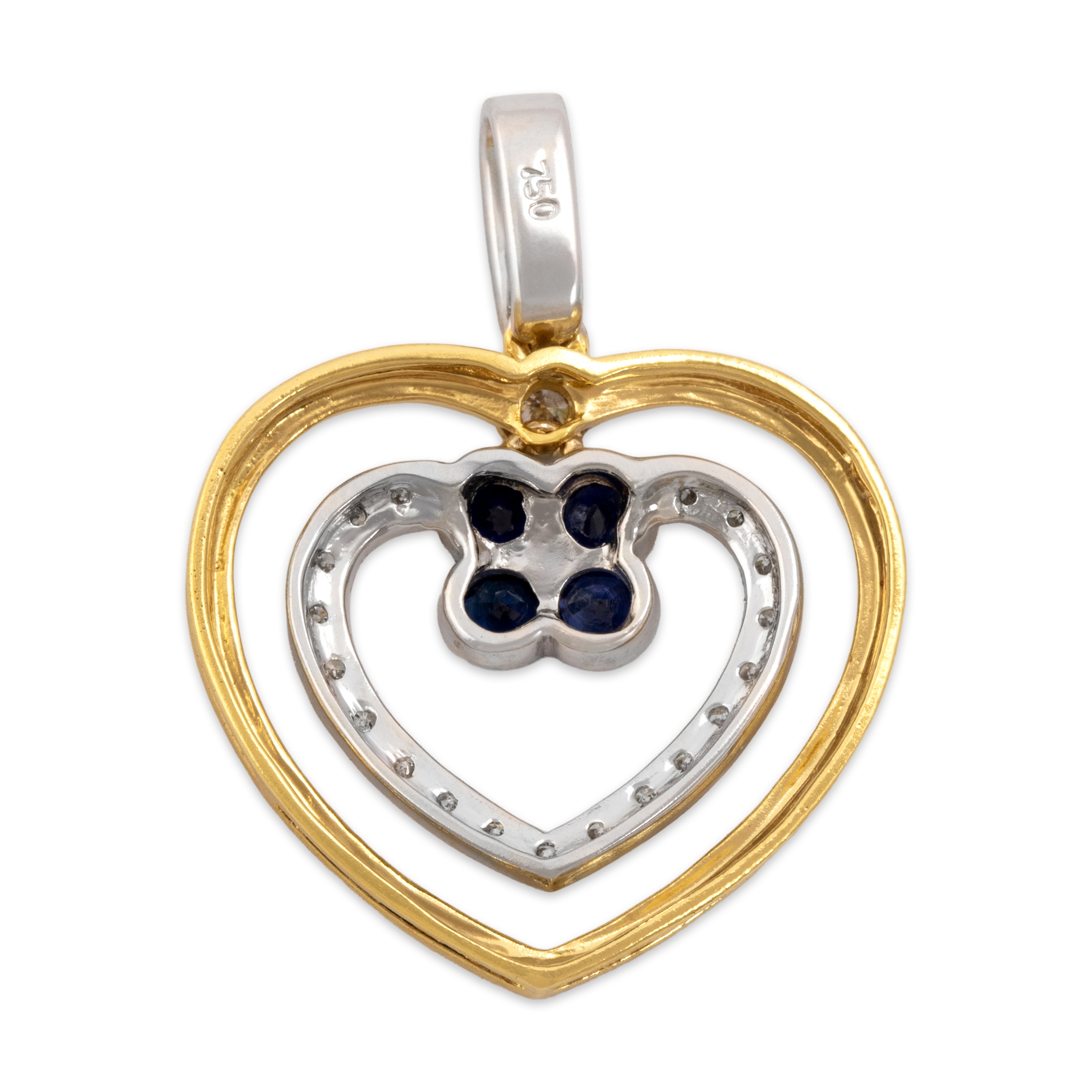 Vintage 18k Yellow & White Gold Blue Sapphire Diamond Lovely Heart Dangle Pendant - Back view