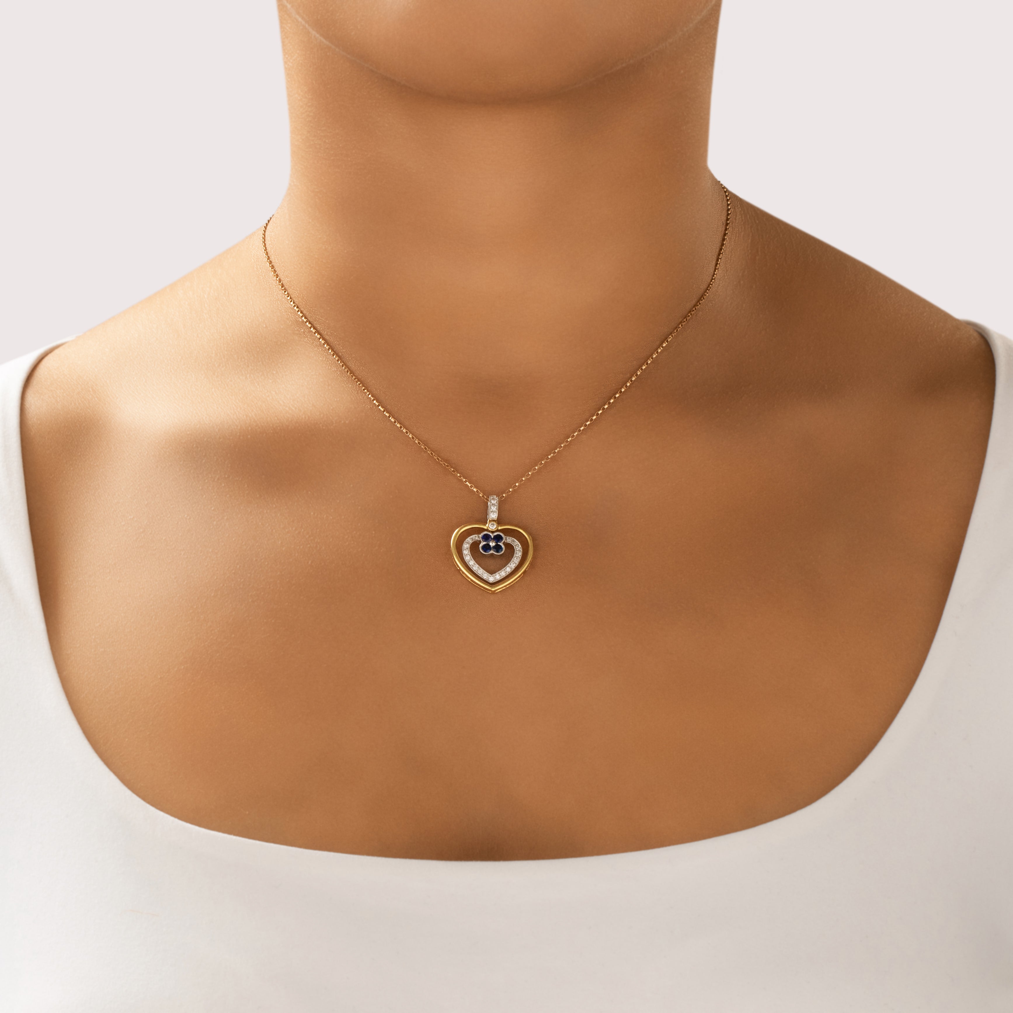 Vintage 18k Yellow & White Gold Blue Sapphire Diamond Lovely Heart Dangle Pendant - On model view