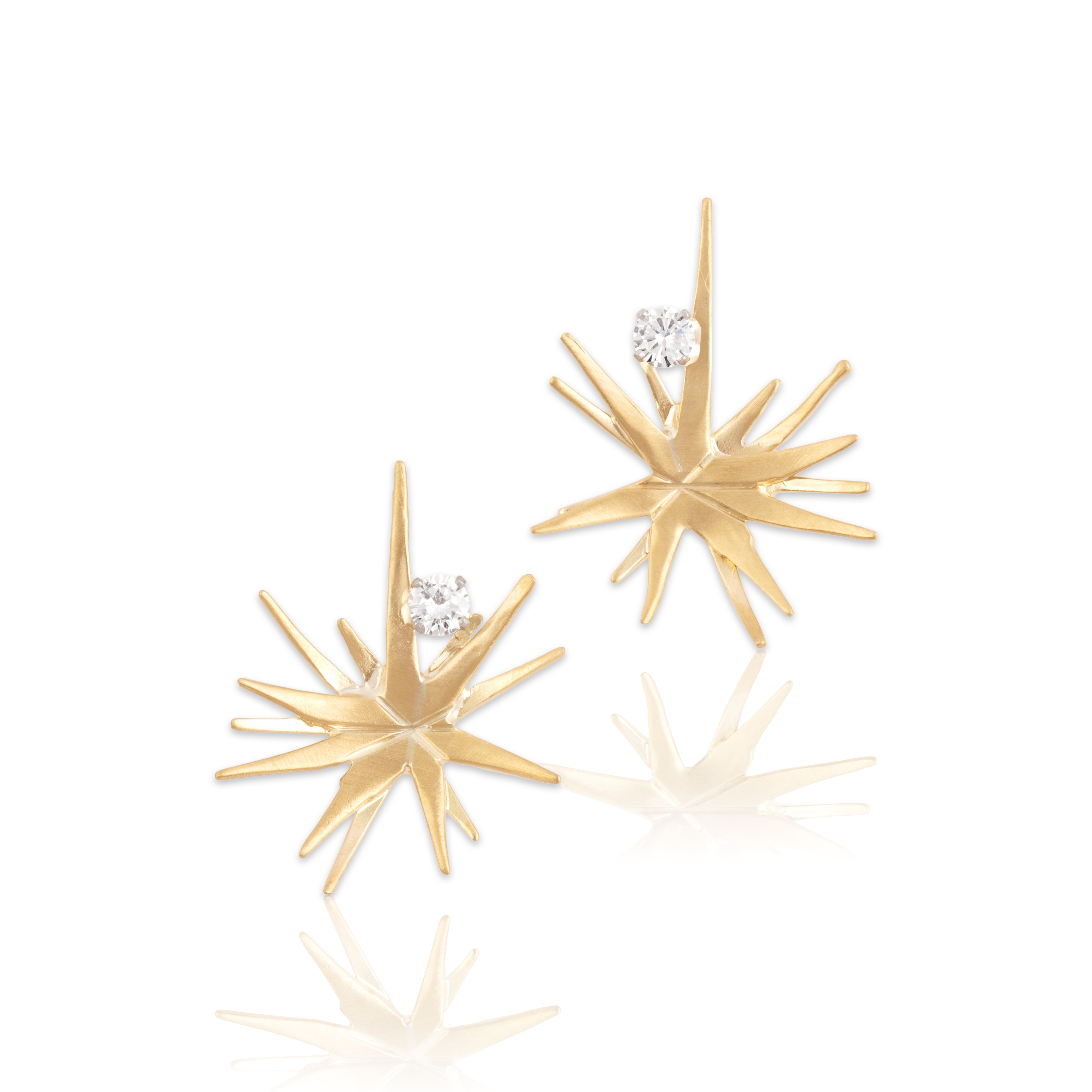 Vintage 18k Yellow Gold Diamond Cosmic Brushed Star Earrings - Close-up view