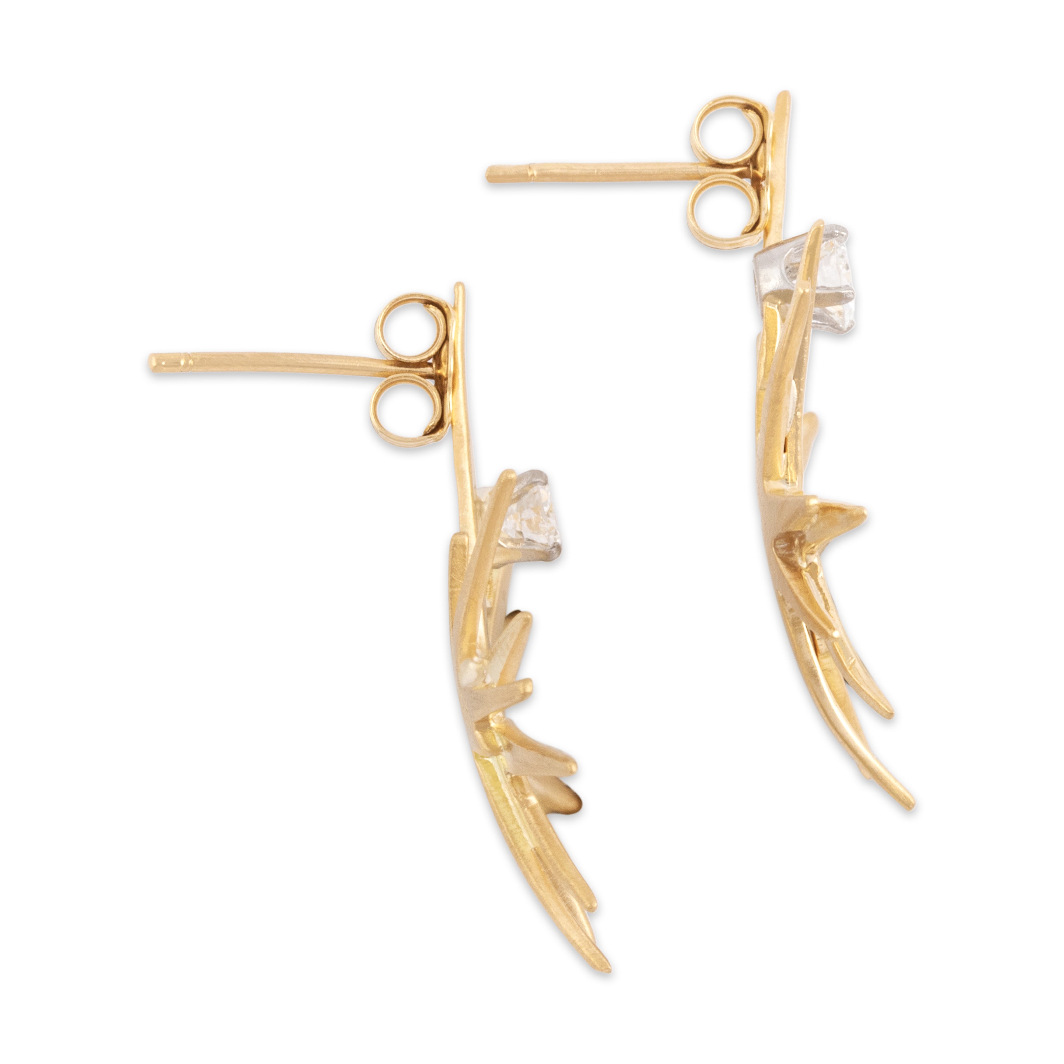 Vintage 18k Yellow Gold Diamond Cosmic Brushed Star Earrings - Side view
