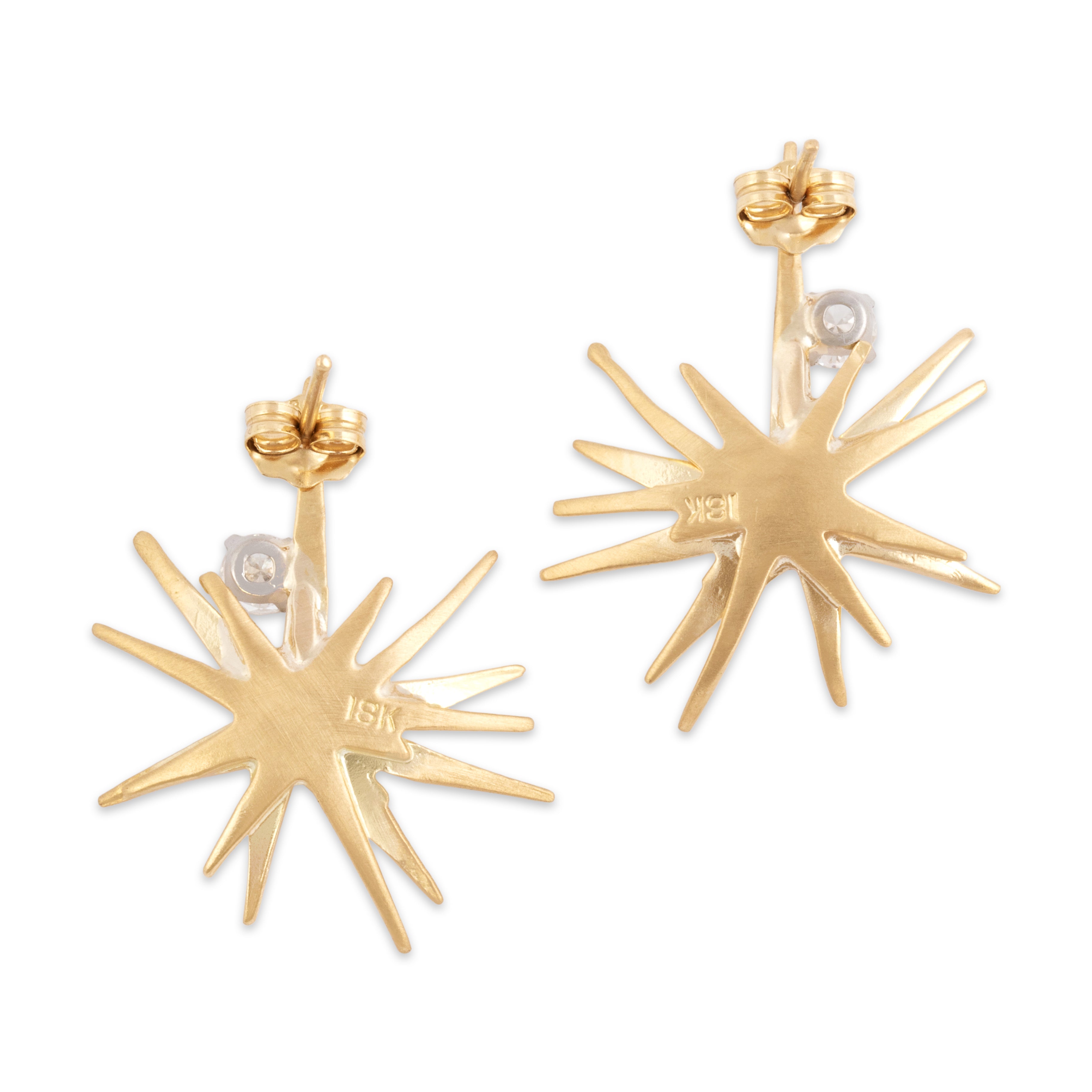 Vintage 18k Yellow Gold Diamond Cosmic Brushed Star Earrings - Back view