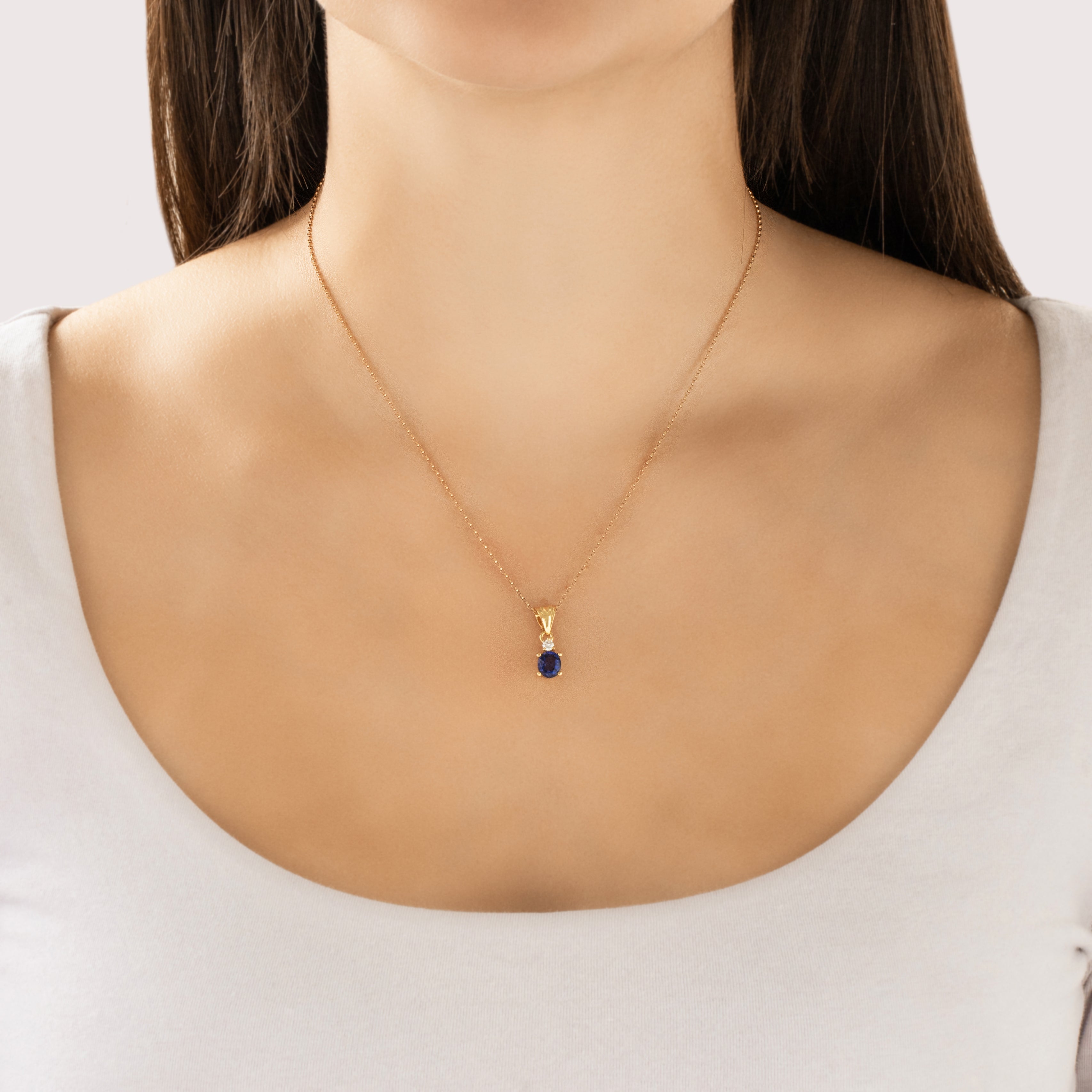 Vintage 18k Yellow Gold .96ct Blue Sapphire Diamond Refined Classic Duo Pendant - On model view