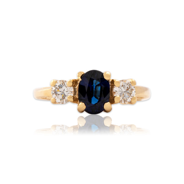 Vintage 14k Yellow Gold .9ct Blue Sapphire Diamond Dazzling Classic Trio Ring 4.75