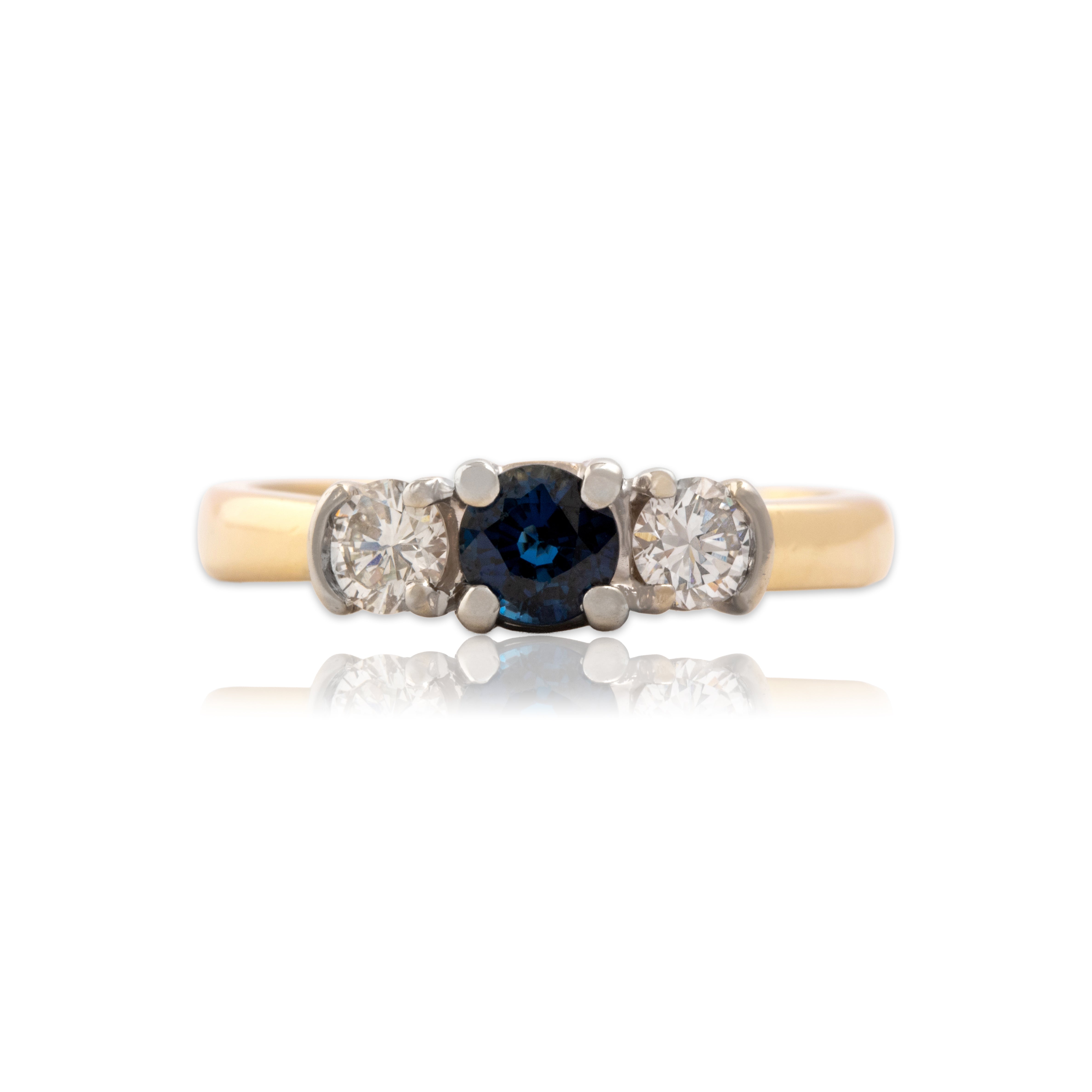 Vintage 14k Yellow & White Gold Blue Sapphire Diamond Brilliant Trio Ring - Close-up view