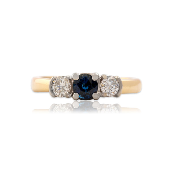 Vintage 14k Yellow & White Gold Blue Sapphire Diamond Brilliant Trio Ring 5.50