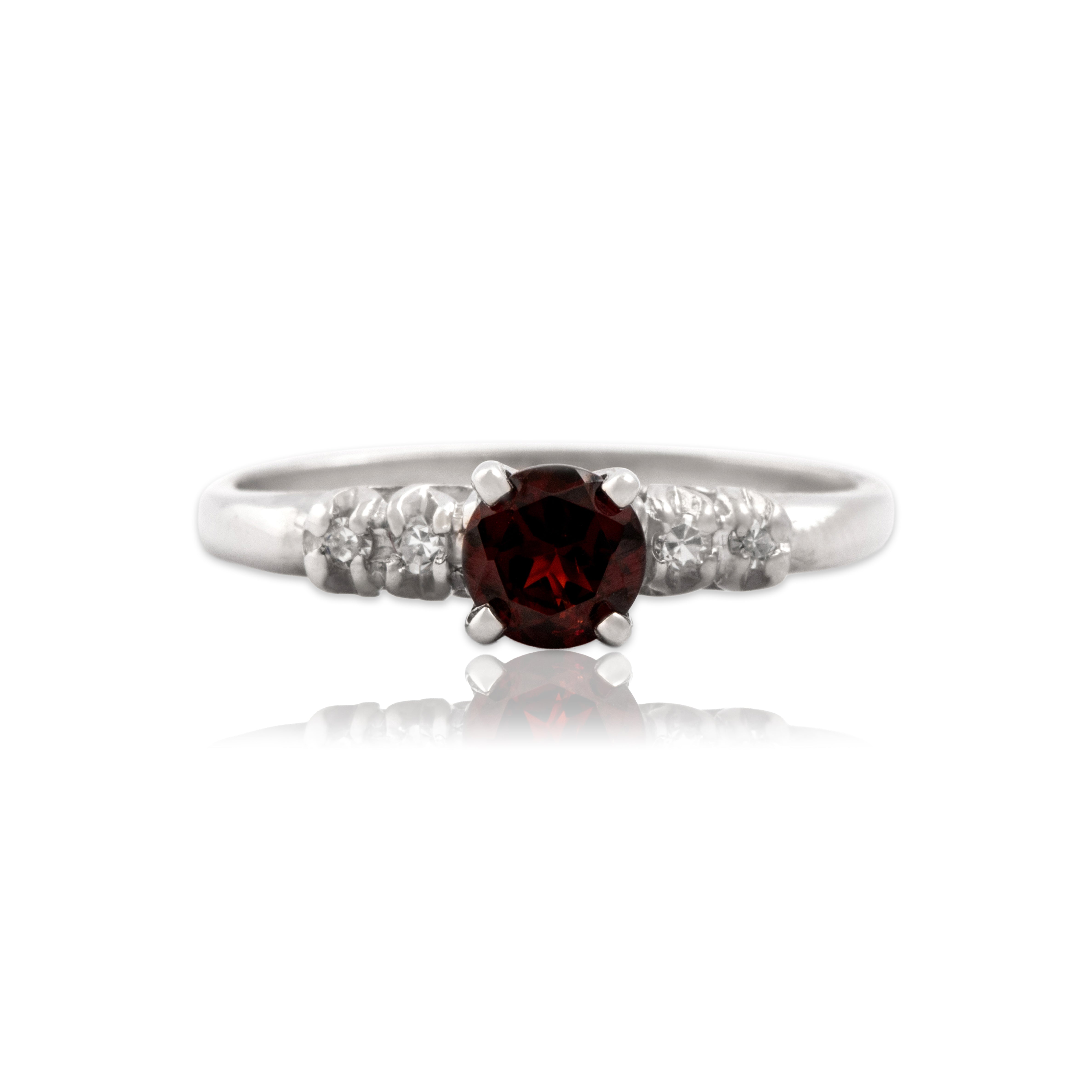 Vintage 14k White Gold .53ct Garnet Diamond Vivid Crimson Sparkle Ring - Close-up view