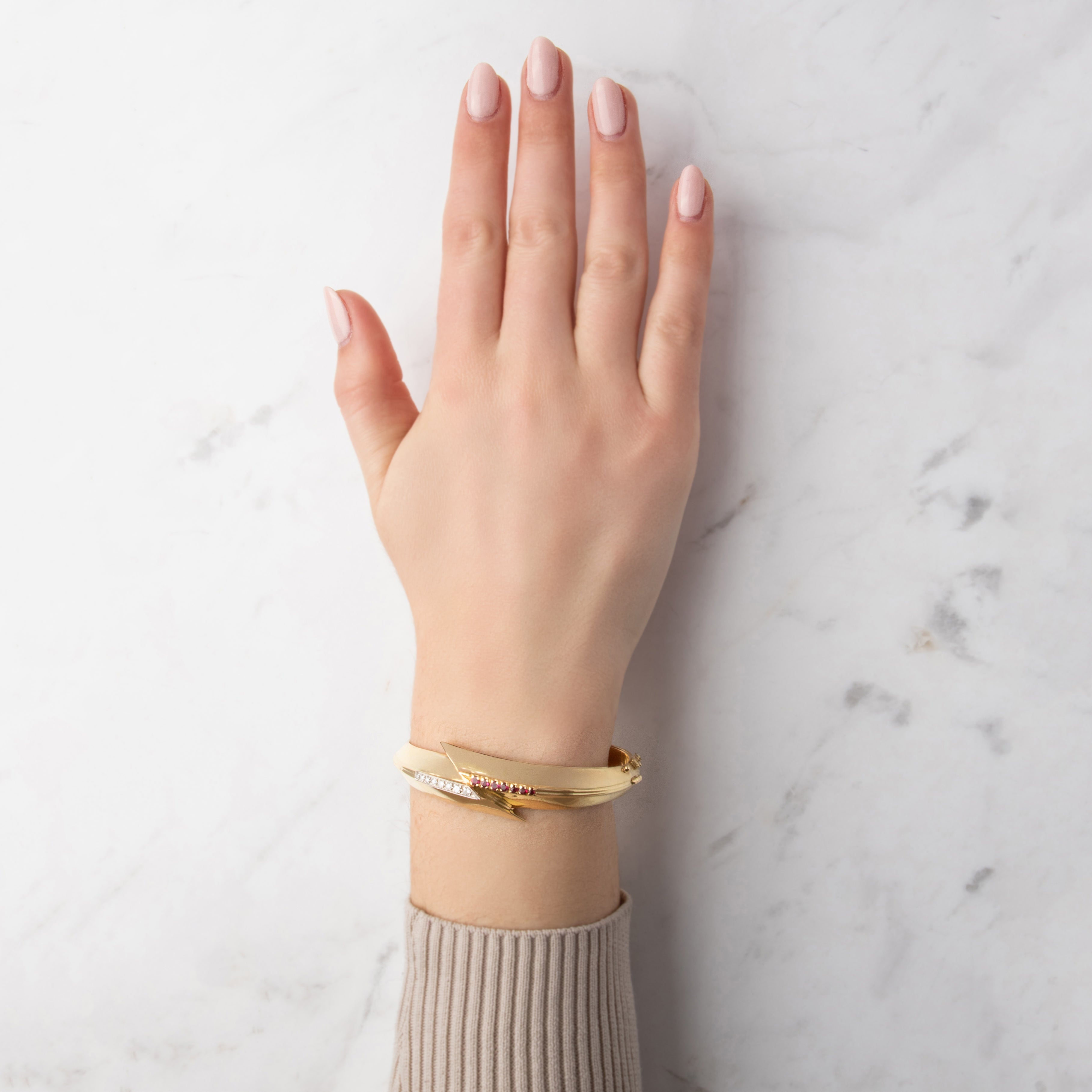 Vintage Italian 14k Yellow Gold Ruby Diamond Dimensional Bypass Bangle Bracelet - On model view