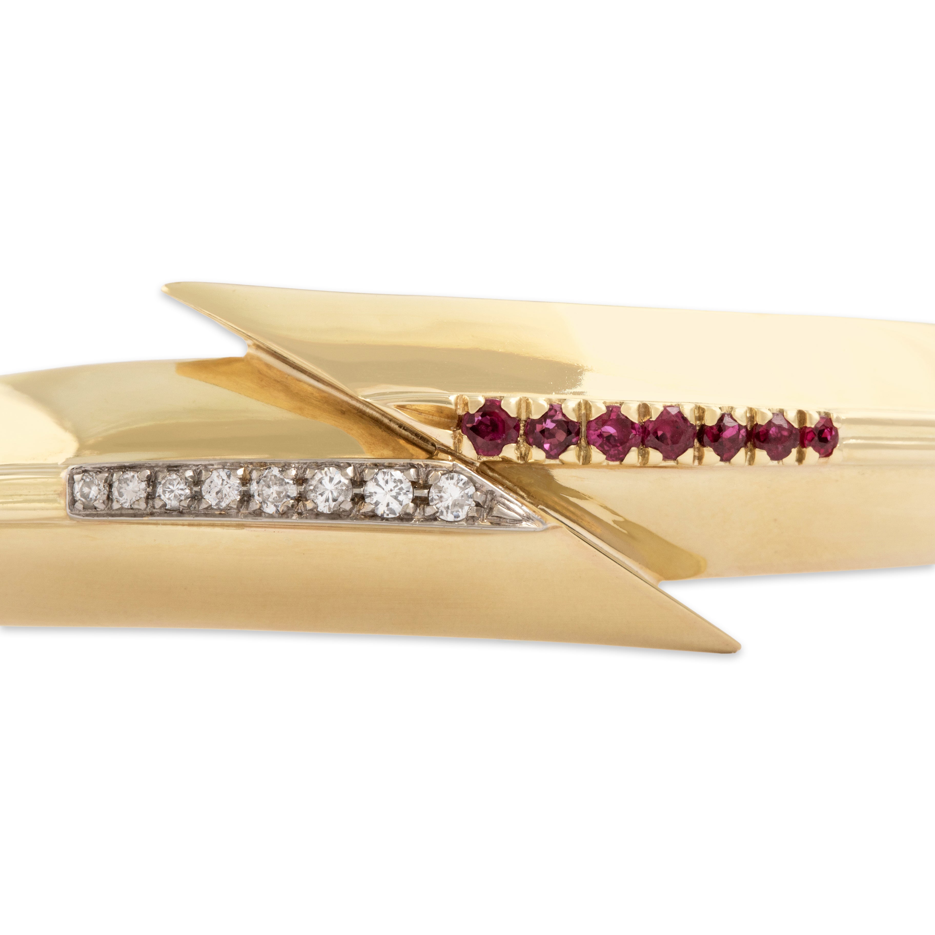 Vintage Italian 14k Yellow Gold Ruby Diamond Dimensional Bypass Bangle Bracelet - detail view #3