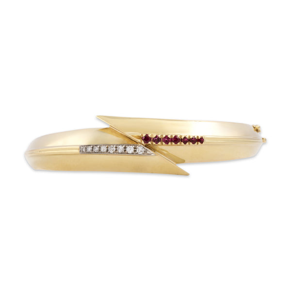 Vintage Italian 14k Yellow Gold Ruby Diamond Dimensional Bangle Bracelet 6.5