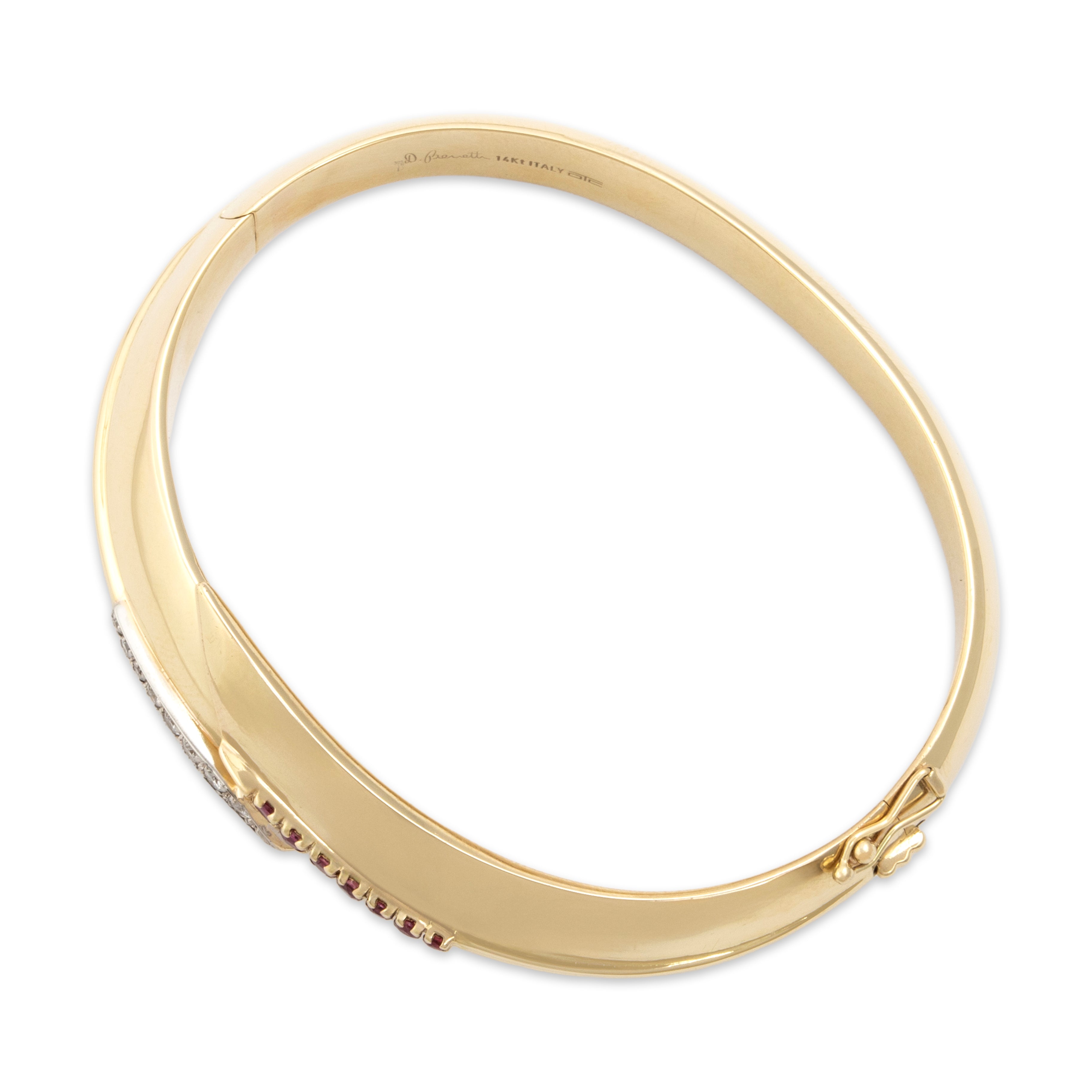 Vintage Italian 14k Yellow Gold Ruby Diamond Dimensional Bypass Bangle Bracelet - detail view #4