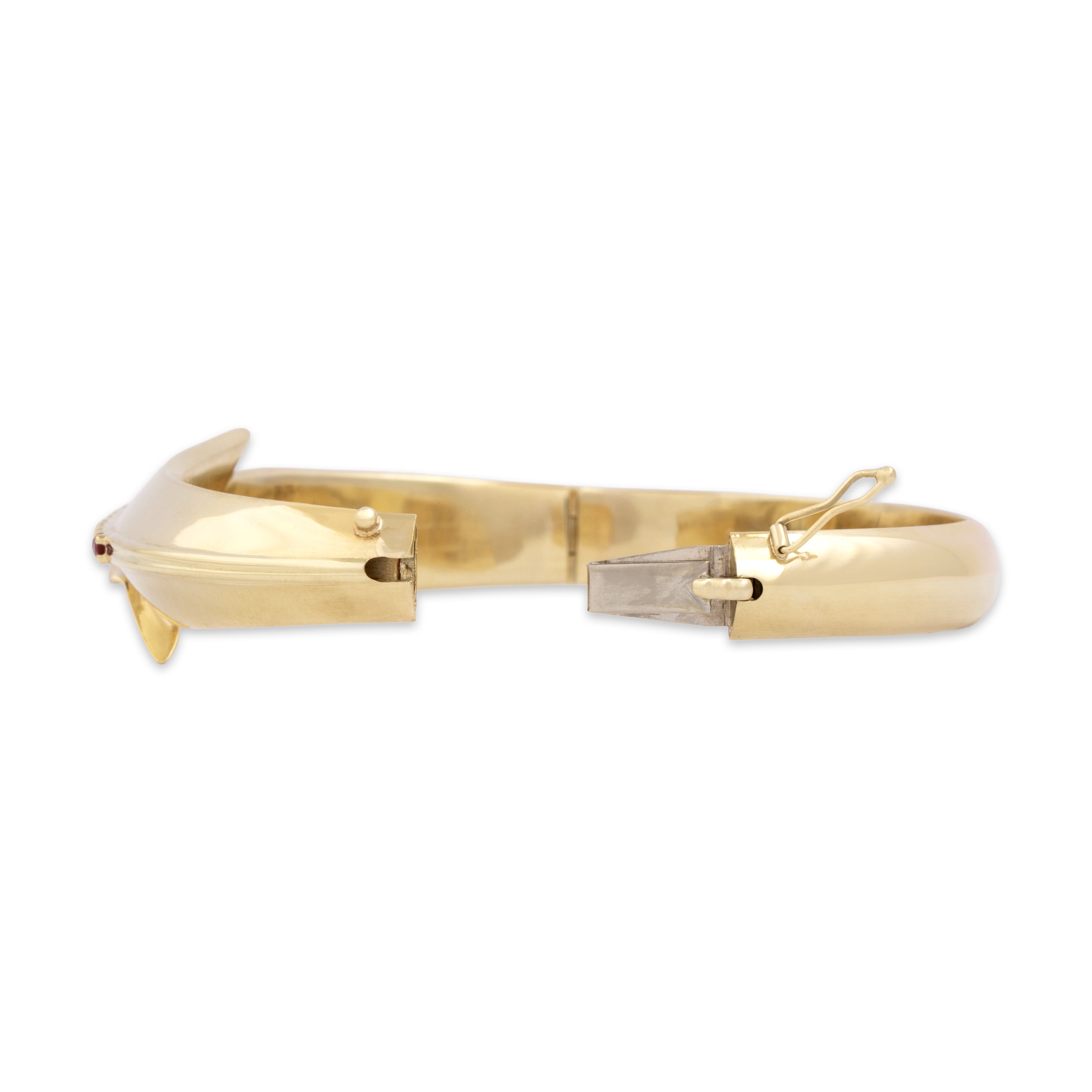 Vintage Italian 14k Yellow Gold Ruby Diamond Dimensional Bypass Bangle Bracelet - detail view #1