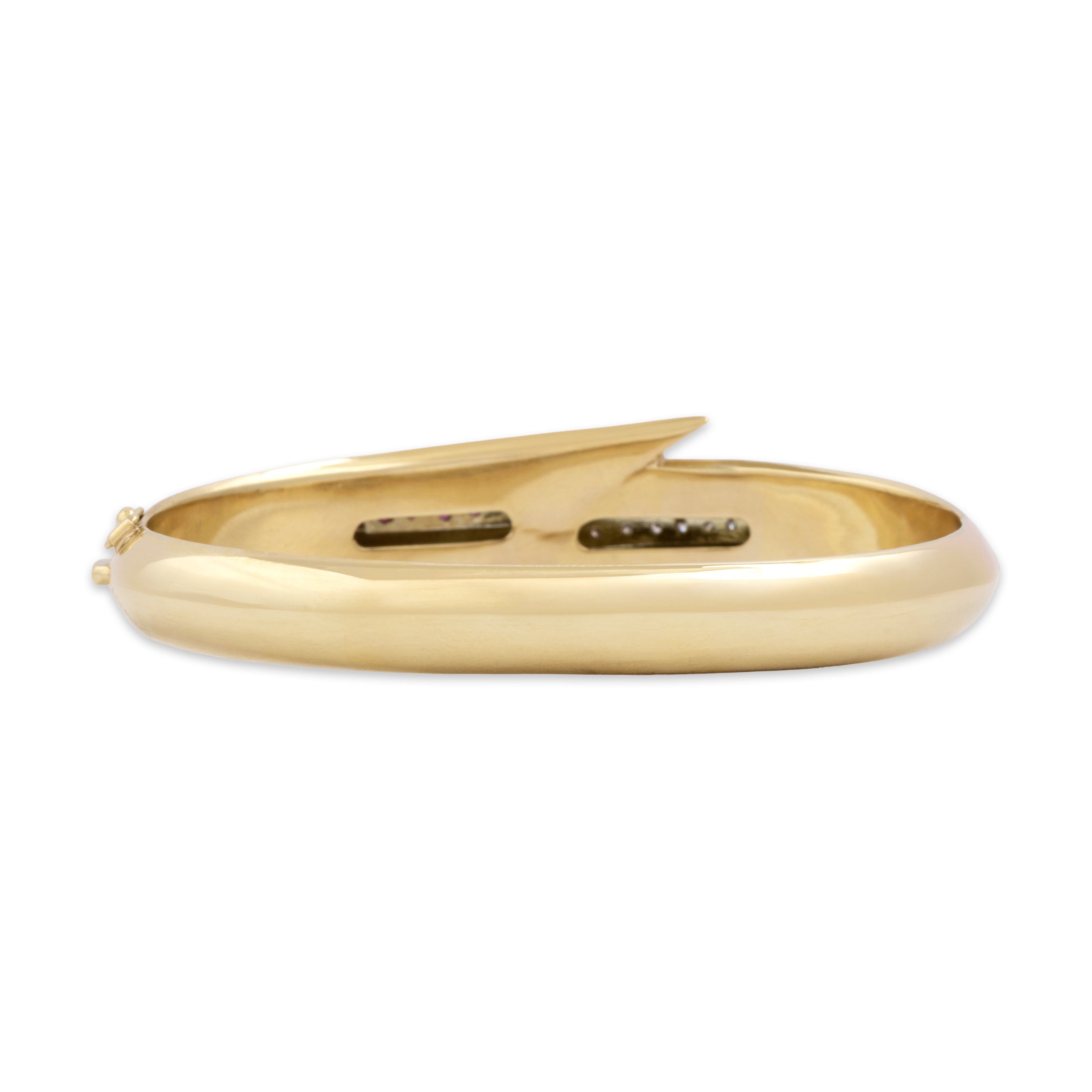 Vintage Italian 14k Yellow Gold Ruby Diamond Dimensional Bypass Bangle Bracelet - detail view #2