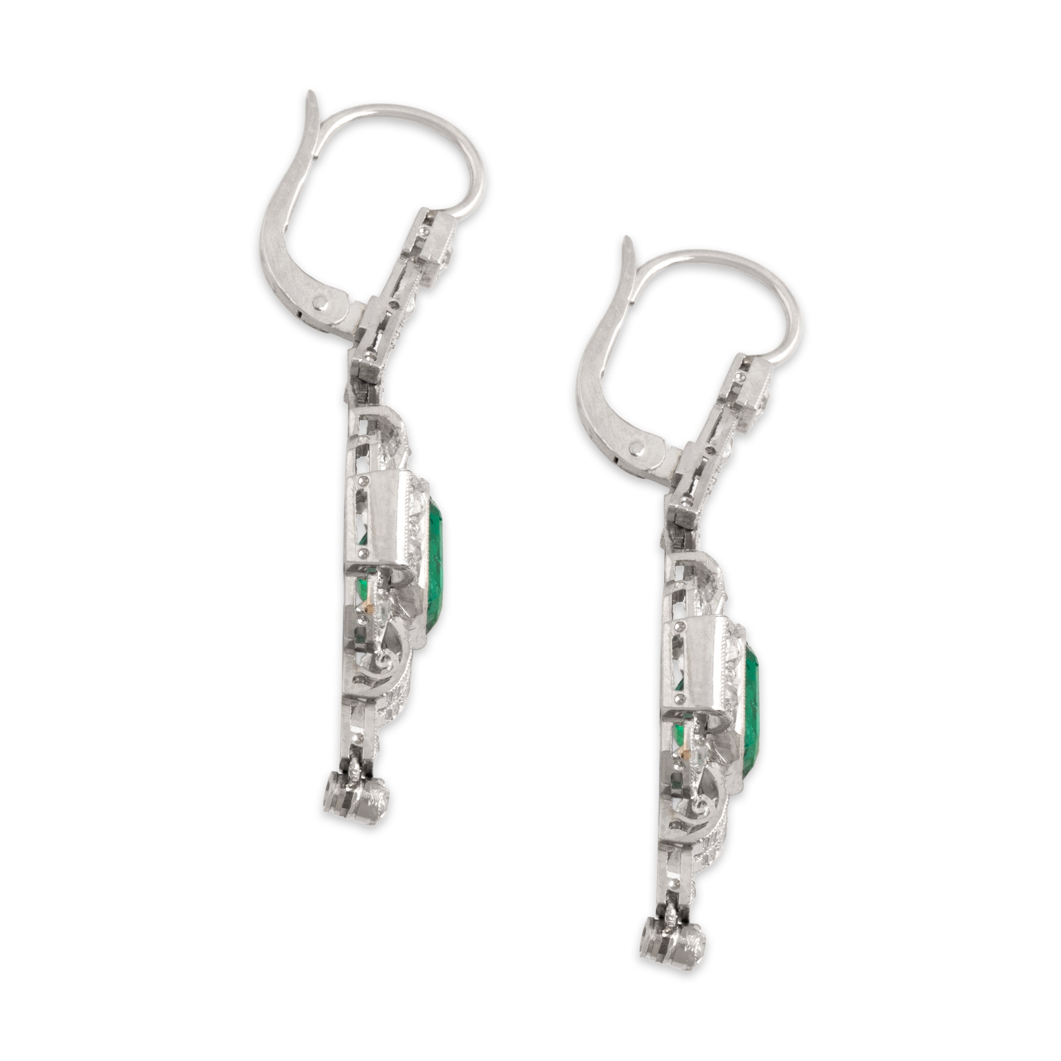 Antique Art Deco Platinum 3.03cttw Emerald .85cttw Old Mine Cut Diamond Dangle Earrings - Side view