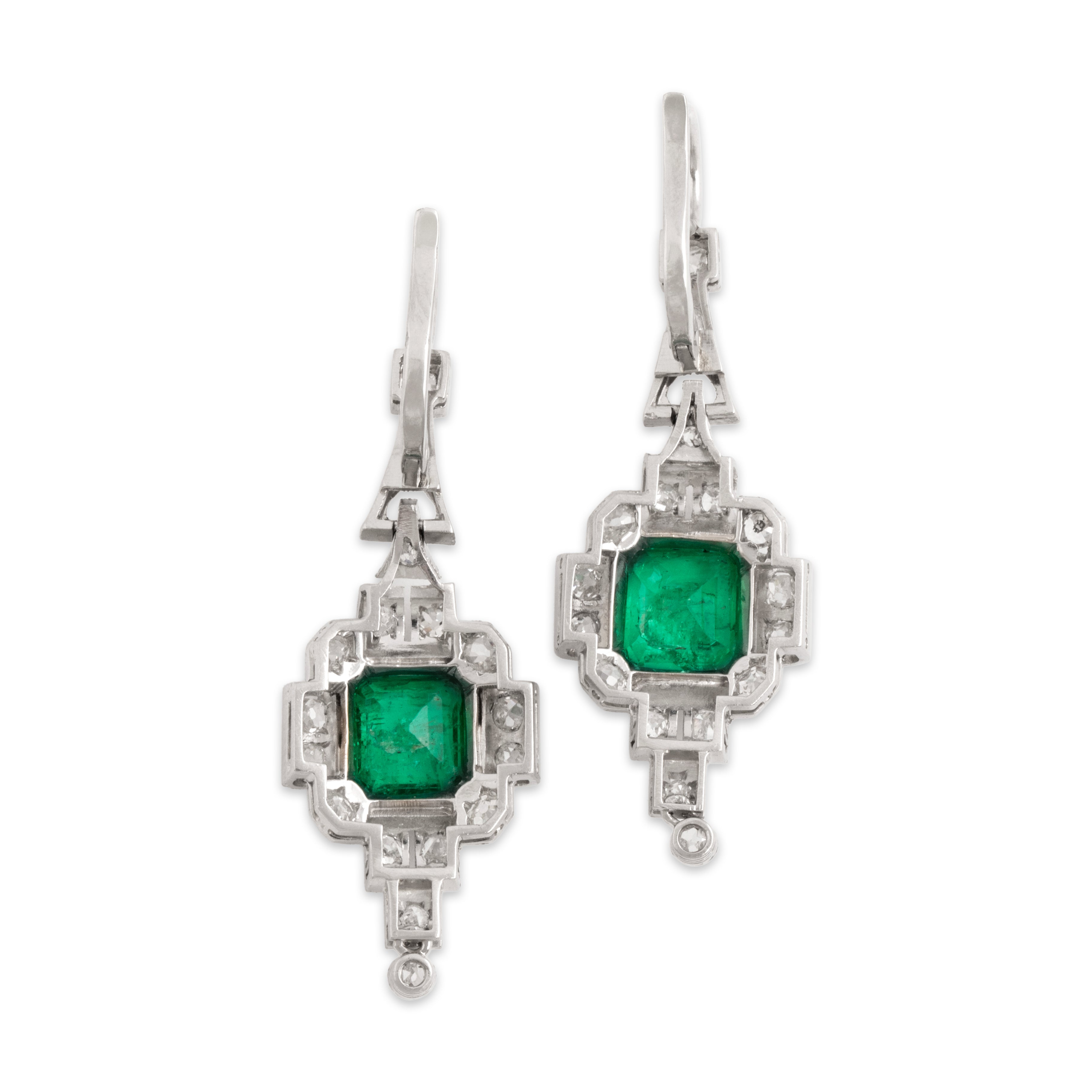 Antique Art Deco Platinum 3.03cttw Emerald .85cttw Old Mine Cut Diamond Dangle Earrings - Back view