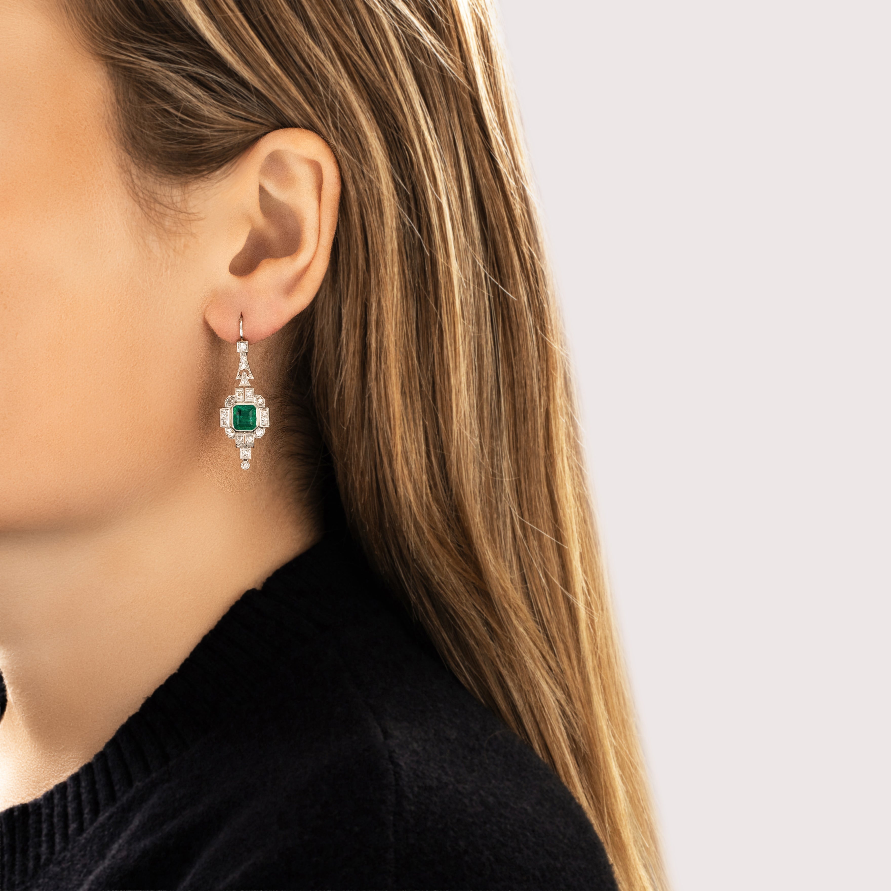 Antique Art Deco Platinum 3.03cttw Emerald .85cttw Old Mine Cut Diamond Dangle Earrings - On model view