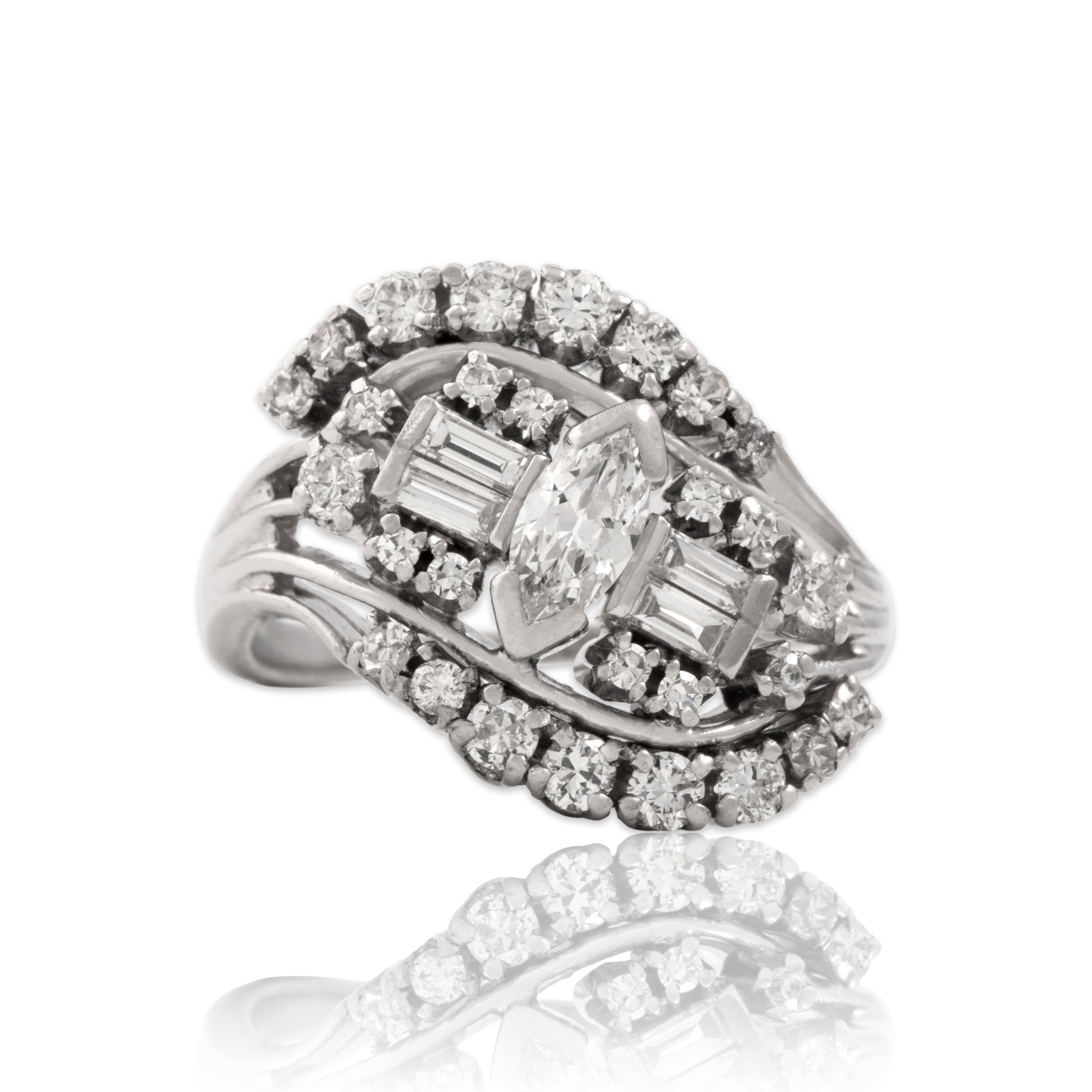 Vintage Platinum .85cttw Diamond Incredible Swooping Cluster Ring - Close-up view