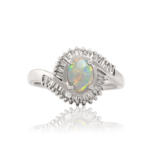 Vintage Platinum .41ct Opal .38cttw Diamond Luminous Swooping Halo Ring 6.00