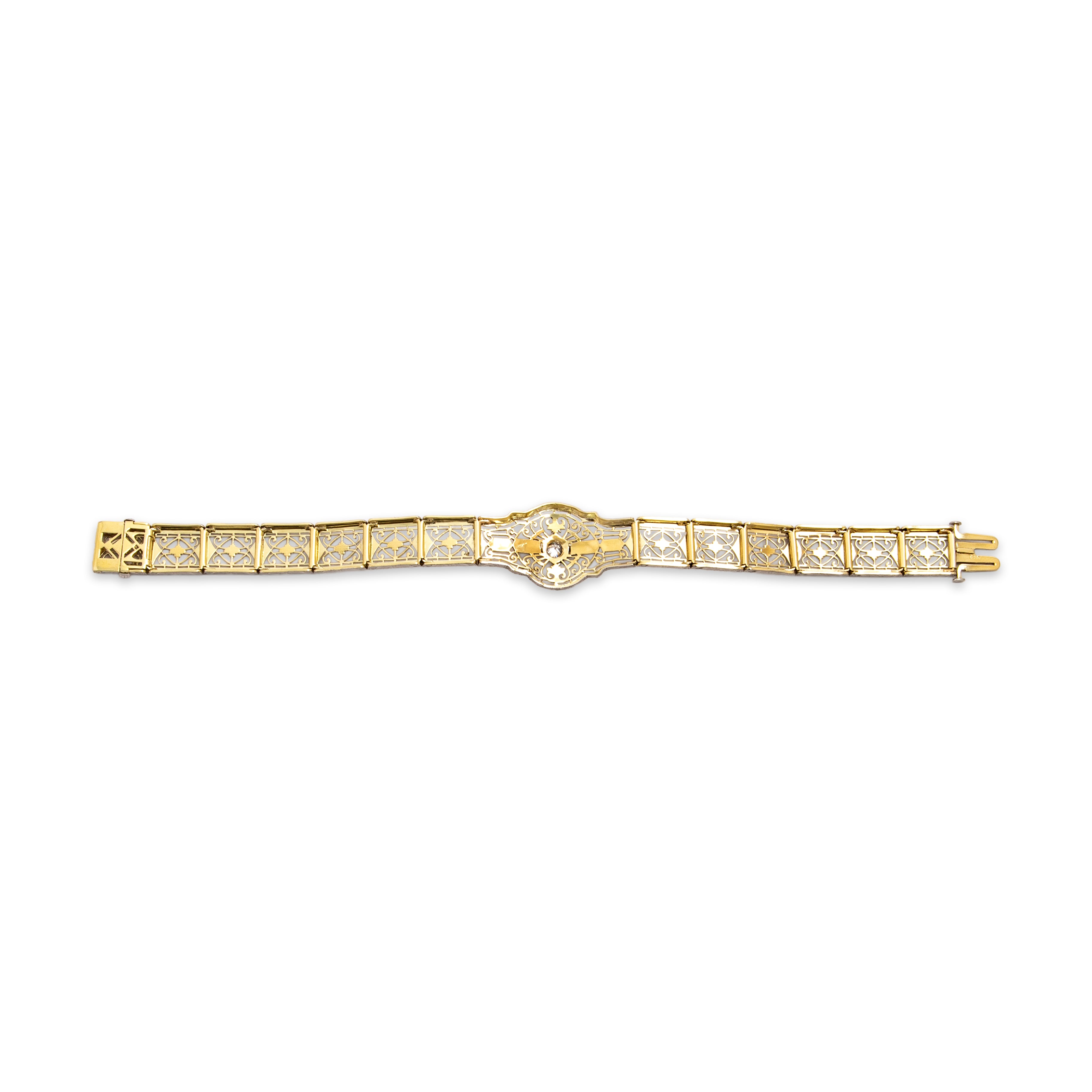 Antique Platinum & 14k Yellow Gold Old European Cut Diamond Detailed Floral Filigree Bracelet - Back view