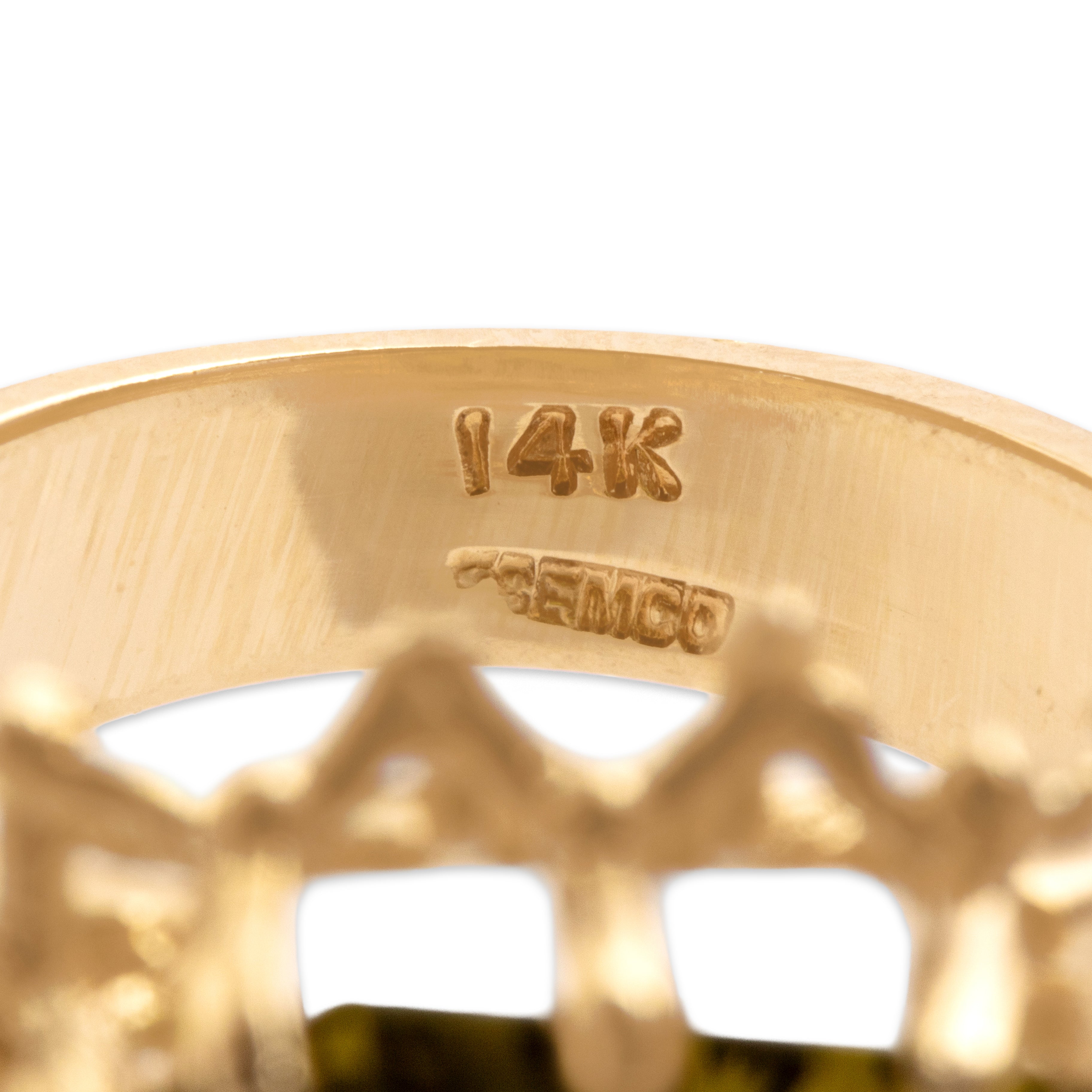 Vintage Large 14k Yellow Gold 13.58ct Olive Green Synthetic Spinel Brutalist Chevron Cocktail Ring - Hallmark view