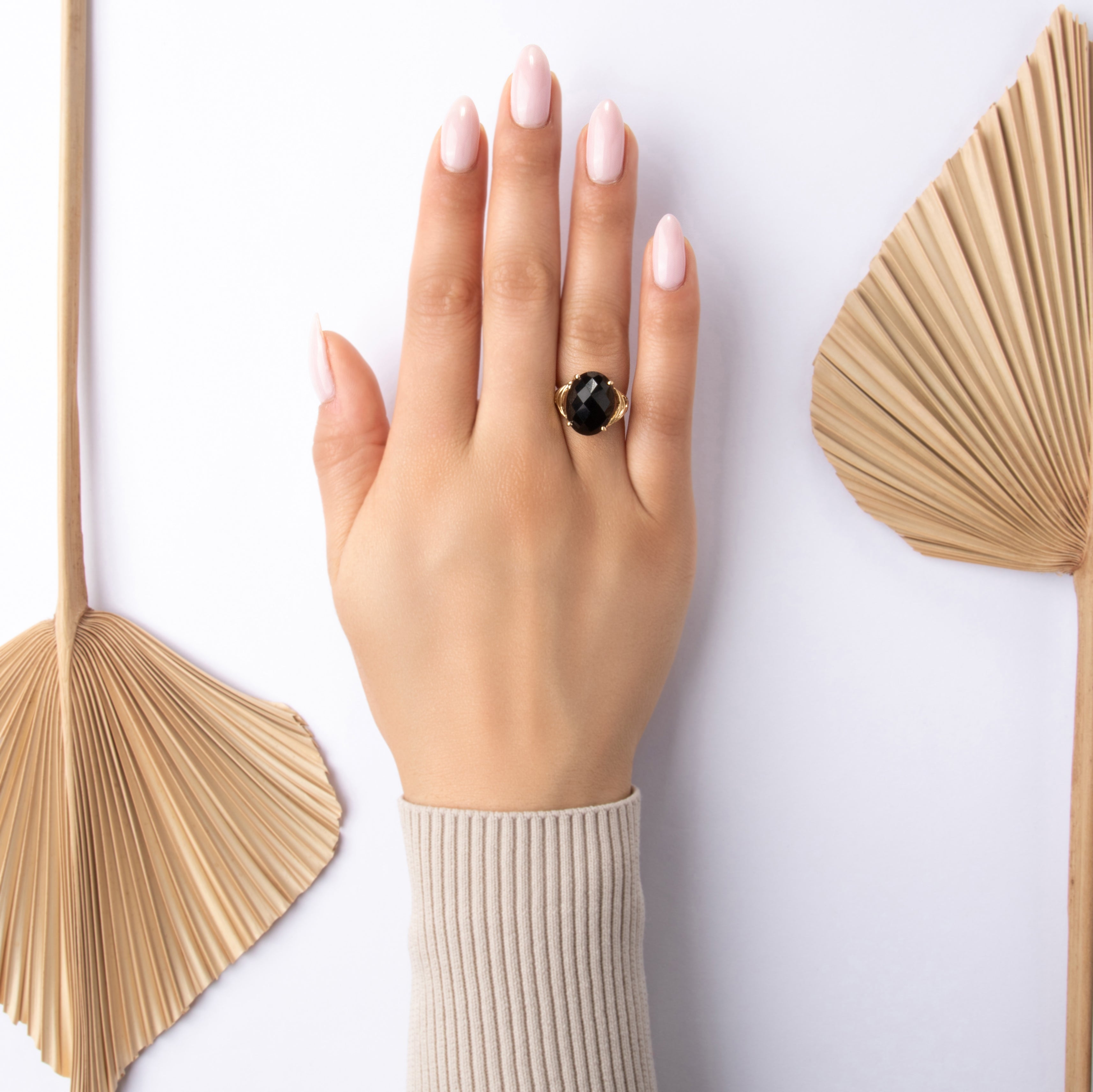 Vintage 10k Yellow Gold 3.8ct Onyx Dramatic Glittering Checkerboard Cocktail Ring - On model view