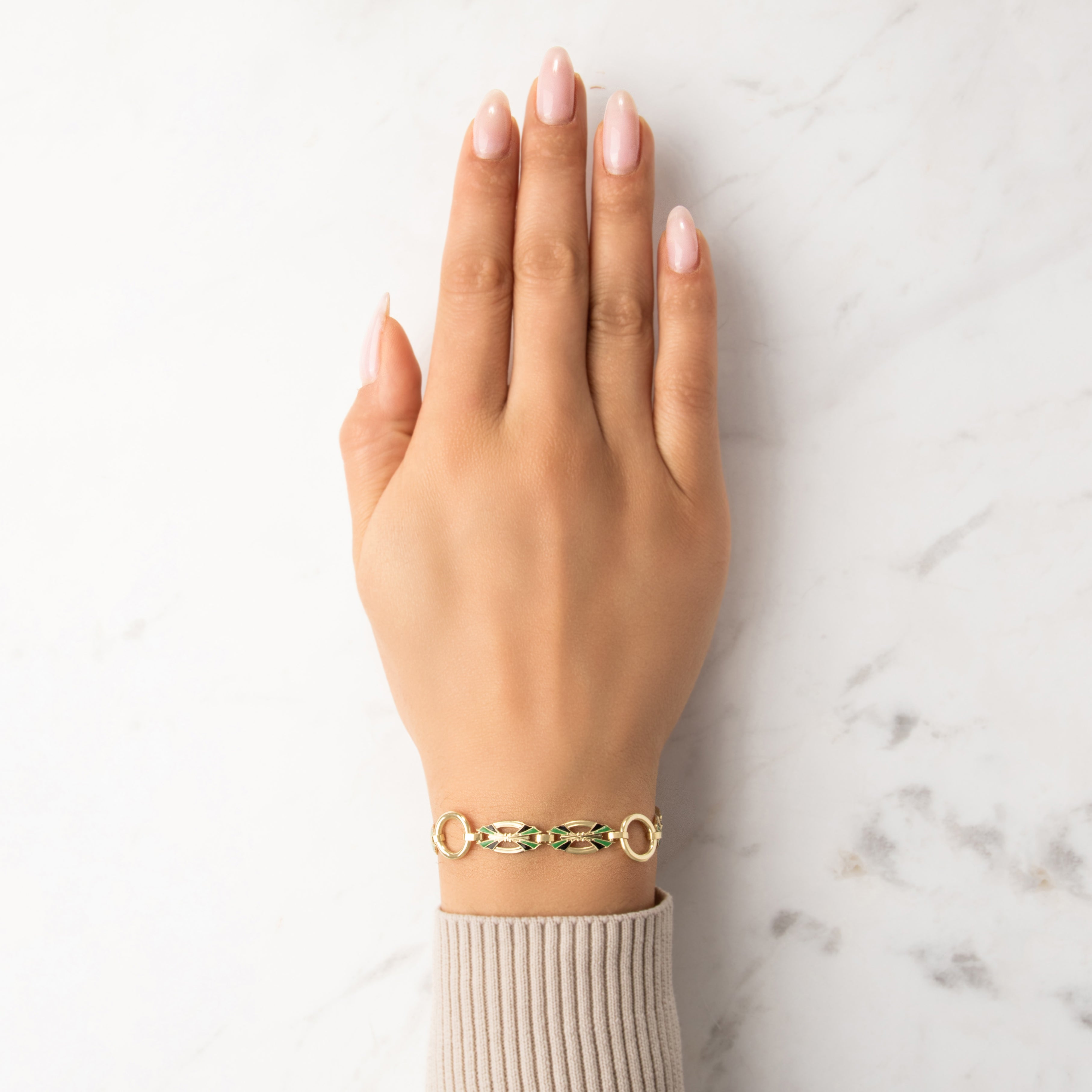 Antique 14k Yellow Gold Decorative Enamel Bracelet - On model view