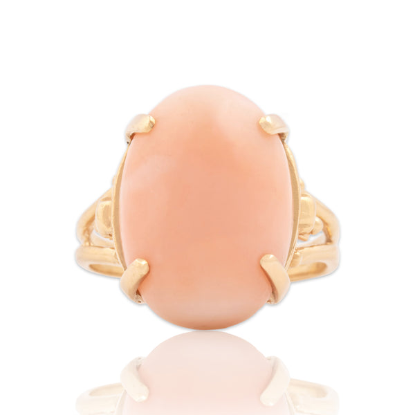 Vintage 14k Yellow Gold Angel Skin Coral Bold Bright Cabochon Ring 7.00