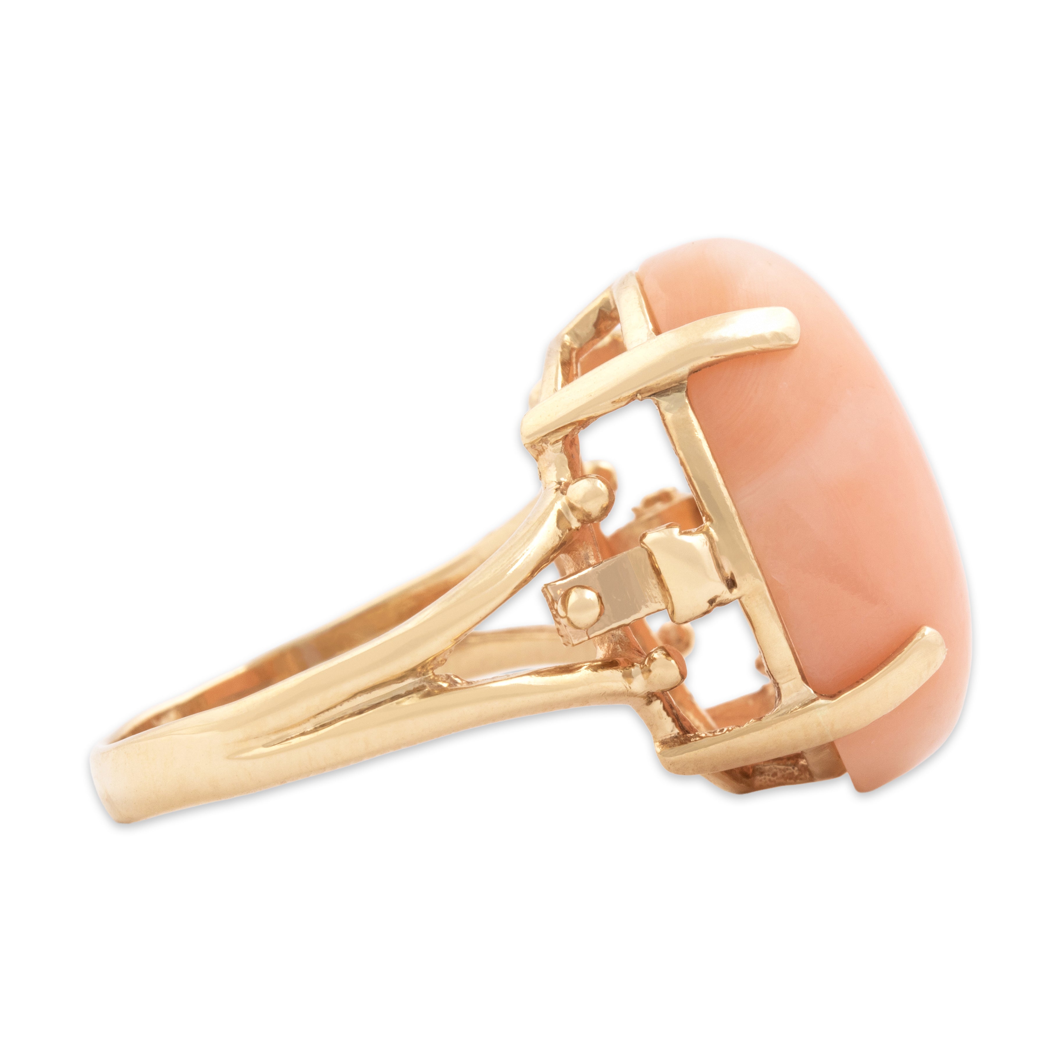 Vintage 14k Yellow Gold Angel Skin Coral Bold Bright Cabochon Ring - Side view