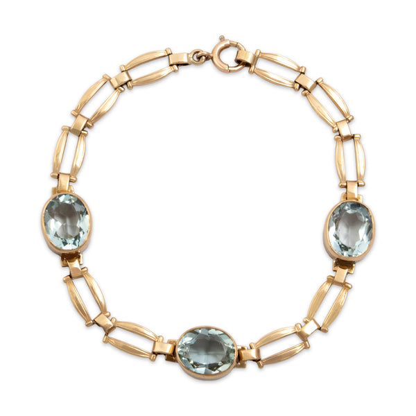 Antique 14k Yellow Gold 5.72cttw Aquamarine Elegant Oval Station Bracelet 6.5