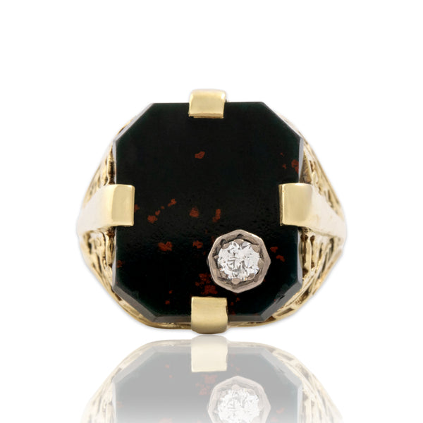 Vintage 14k Yellow & White Gold 2.68ct Bloodstone Diamond Bold Signet Ring 4.00