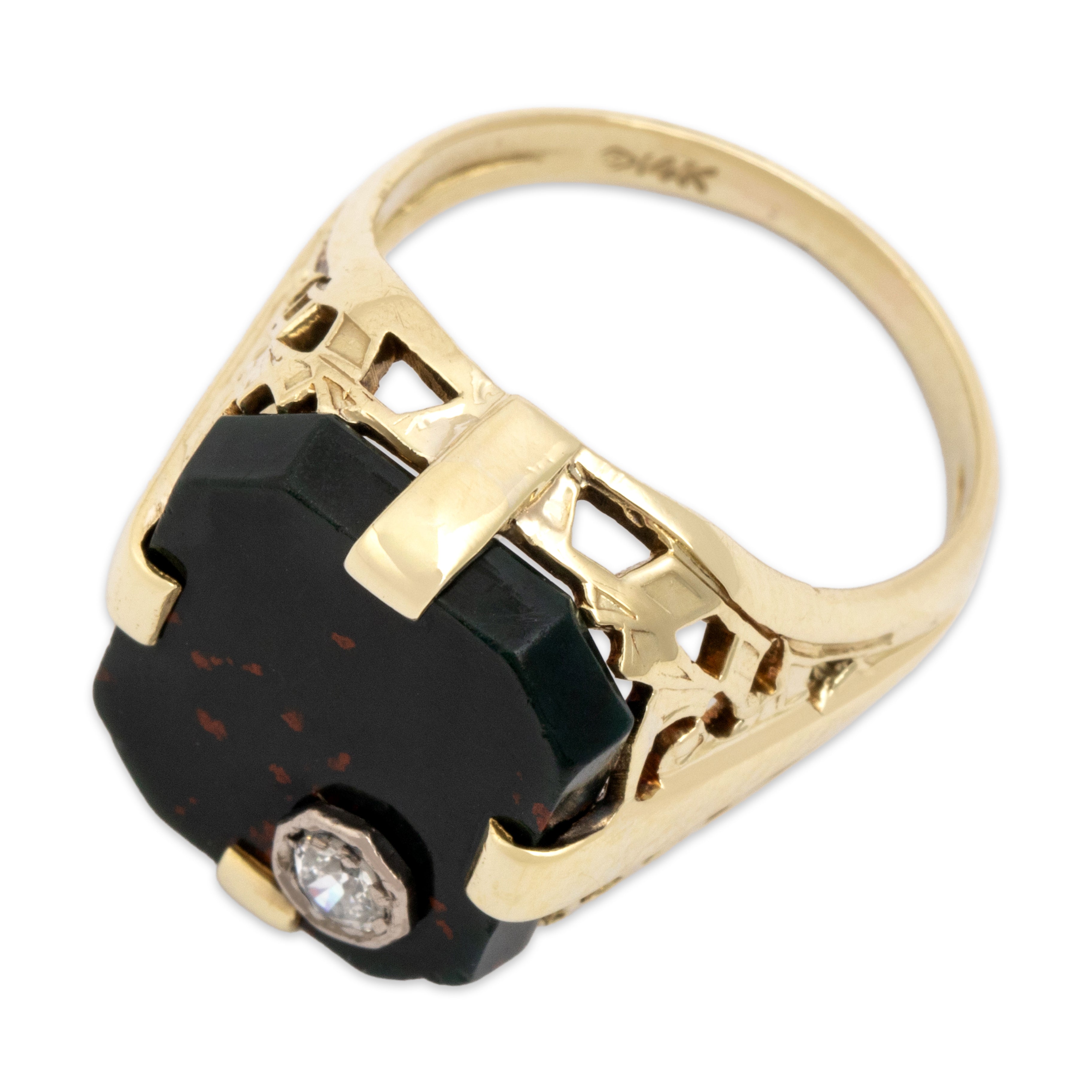 Vintage 14k Yellow & White Gold 2.68ct Bloodstone Diamond Bold Decorated Signet Ring - Overall view