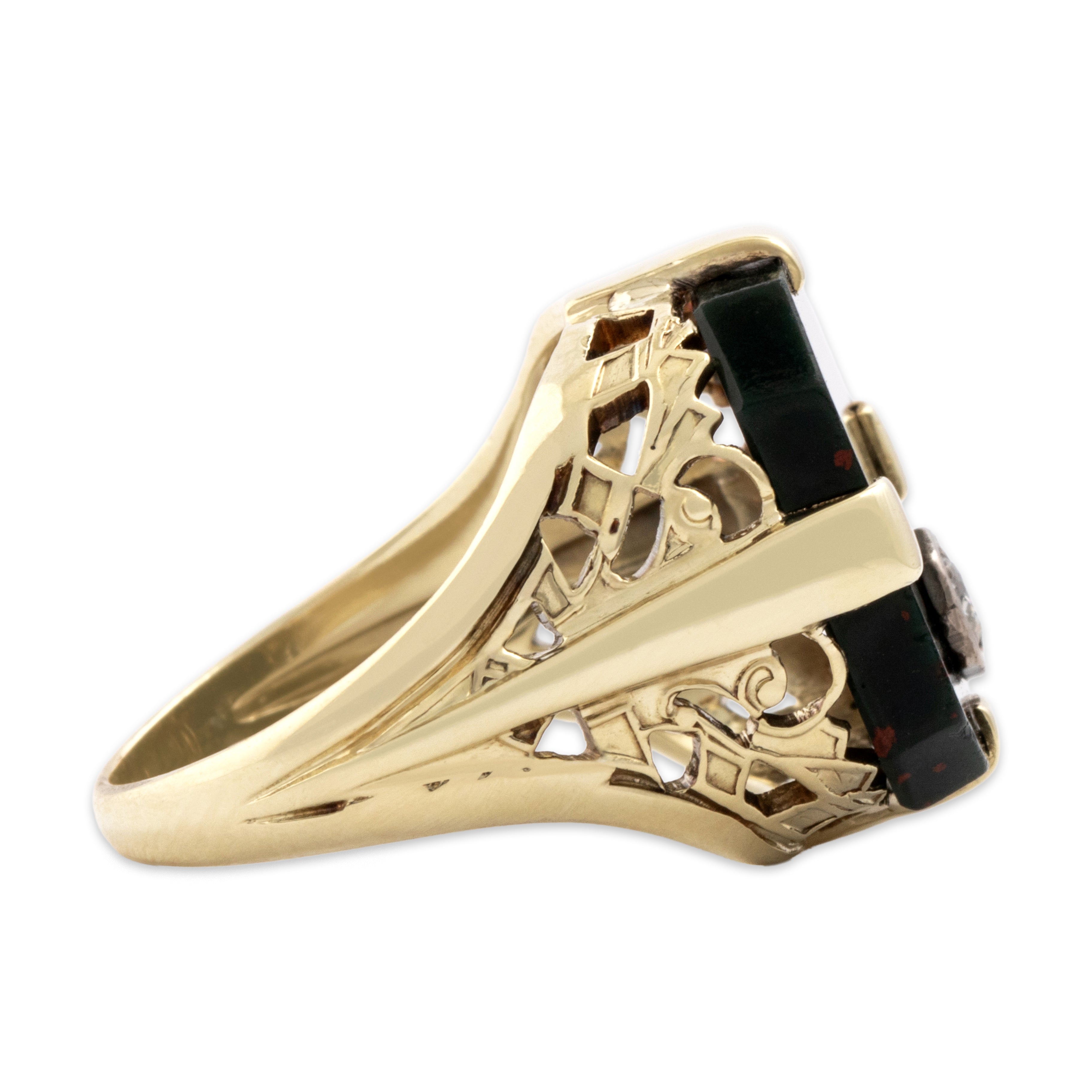 Vintage 14k Yellow & White Gold 2.68ct Bloodstone Diamond Bold Decorated Signet Ring - Side view