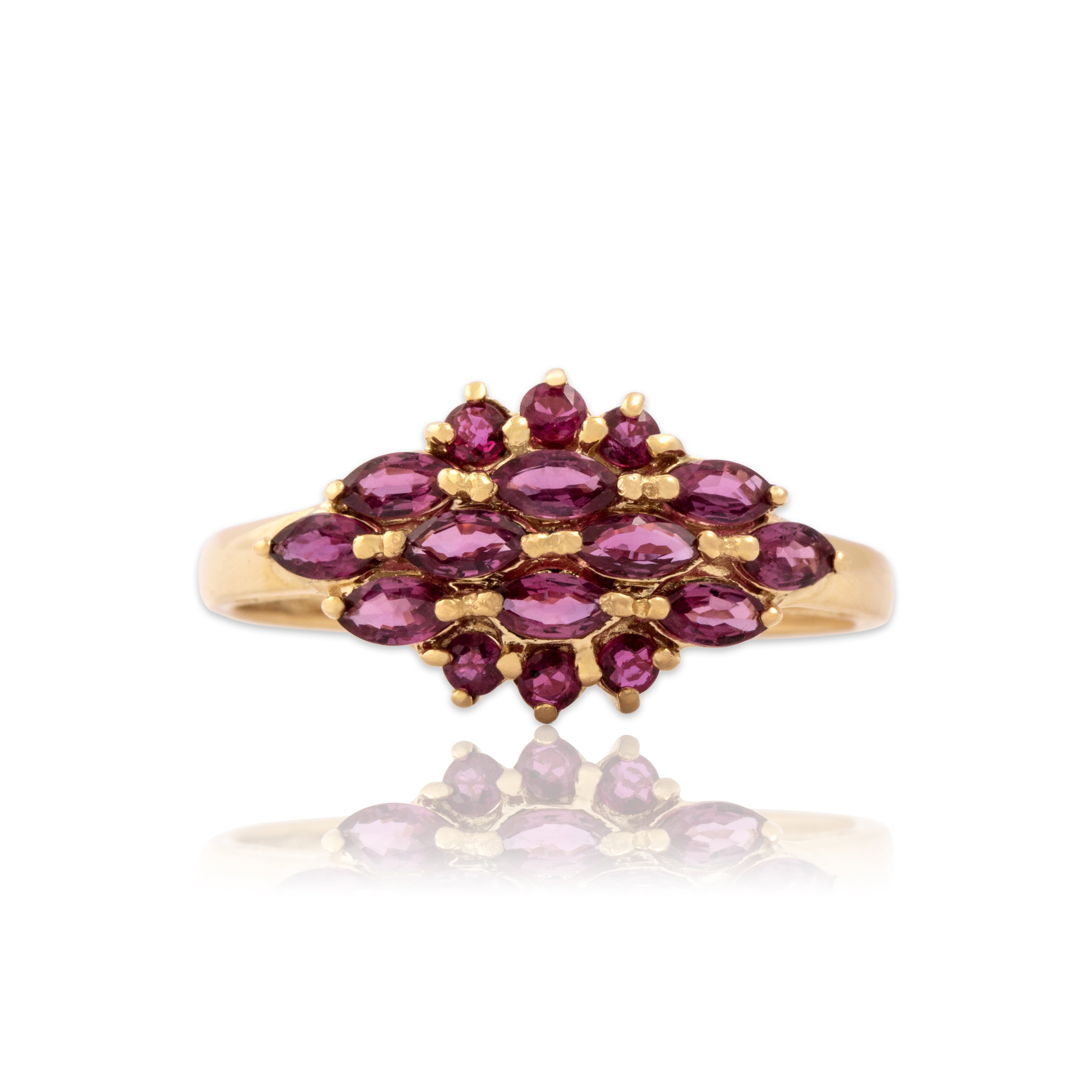 Vintage 14k Yellow Gold .59cttw Ruby Multi-Cut Cluster Ring - Close-up view