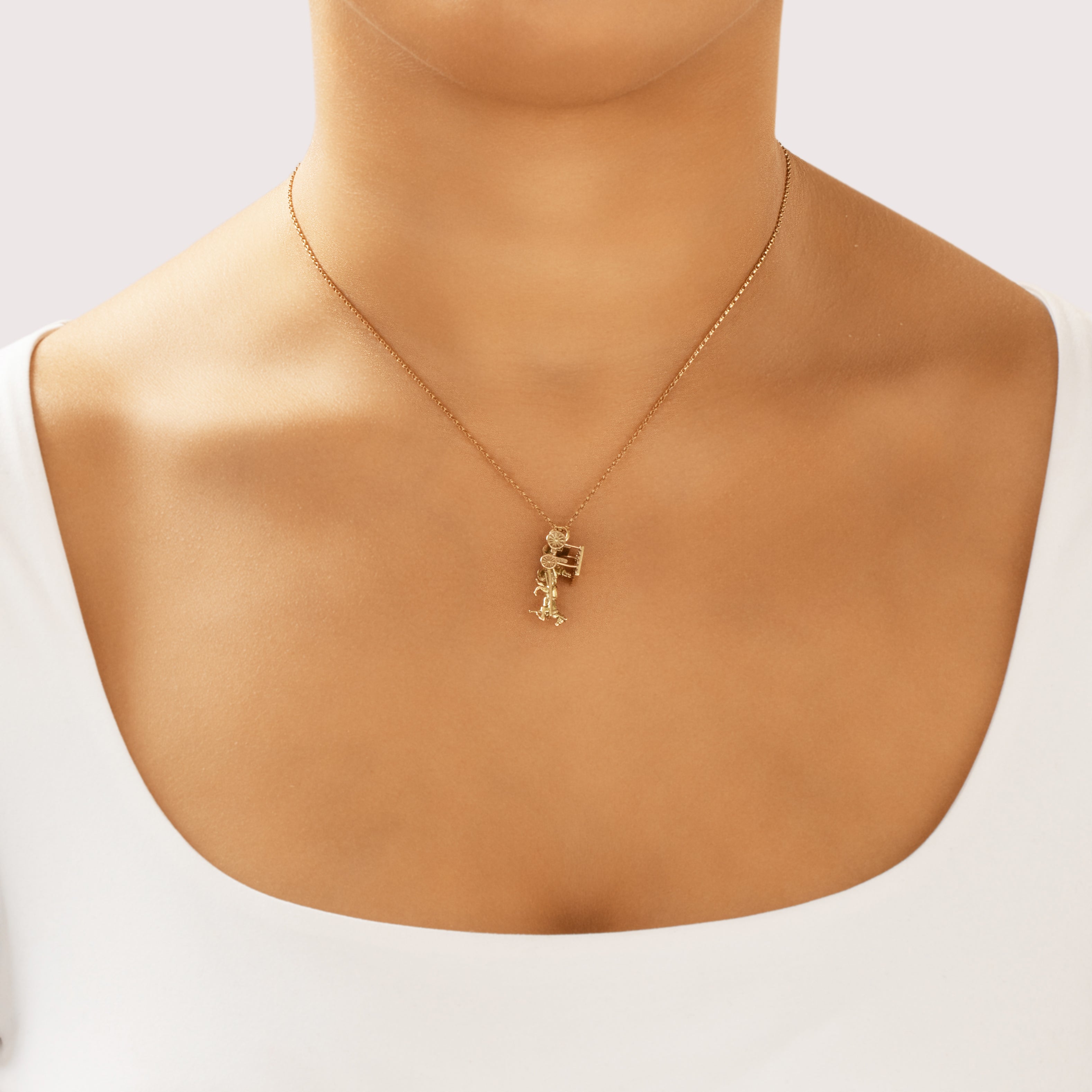 Vintage English 9k Yellow Gold Delightful Dimensional Horse & Buggy Charm / Pendant - On model view