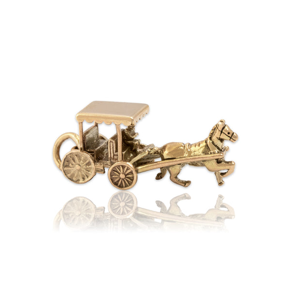 Vintage English 9k Yellow Gold Delightful Dimensional Horse & Buggy Charm / Pendant