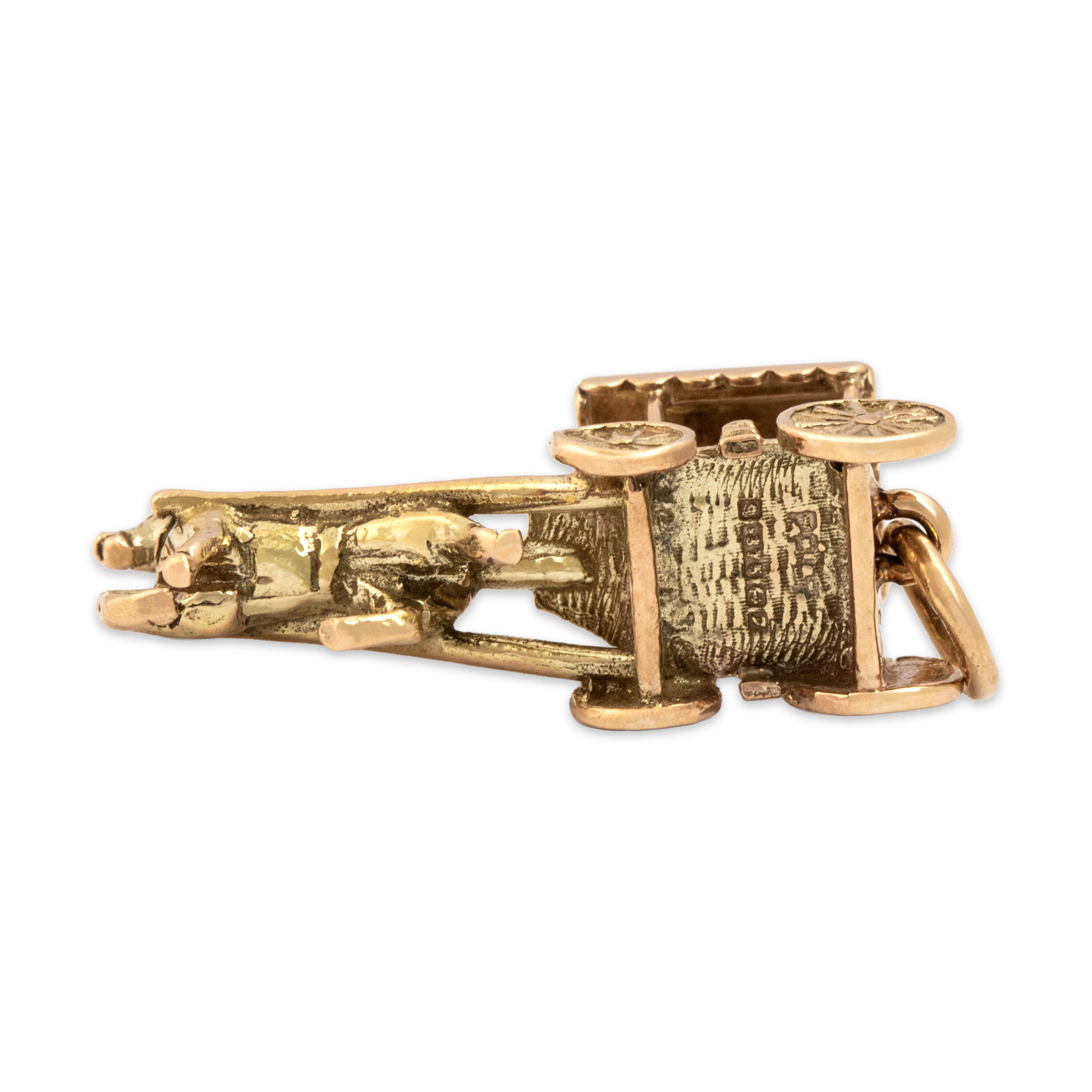 Vintage English 9k Yellow Gold Delightful Dimensional Horse & Buggy Charm / Pendant - Hallmark view