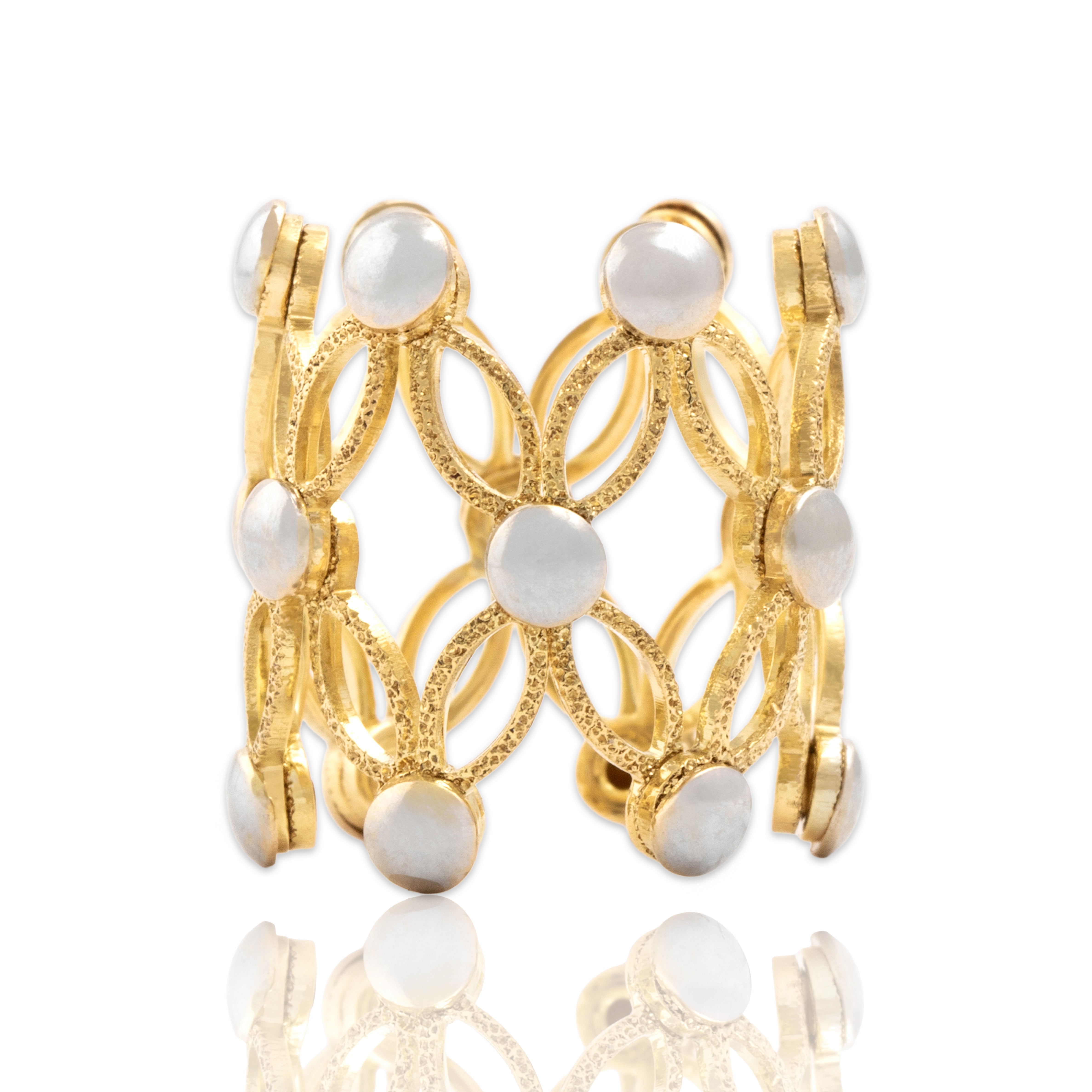 Vintage Italian 18k Yellow & White Gold Adjustable Textured Woven Dot Eternity Band Ring - Close-up view
