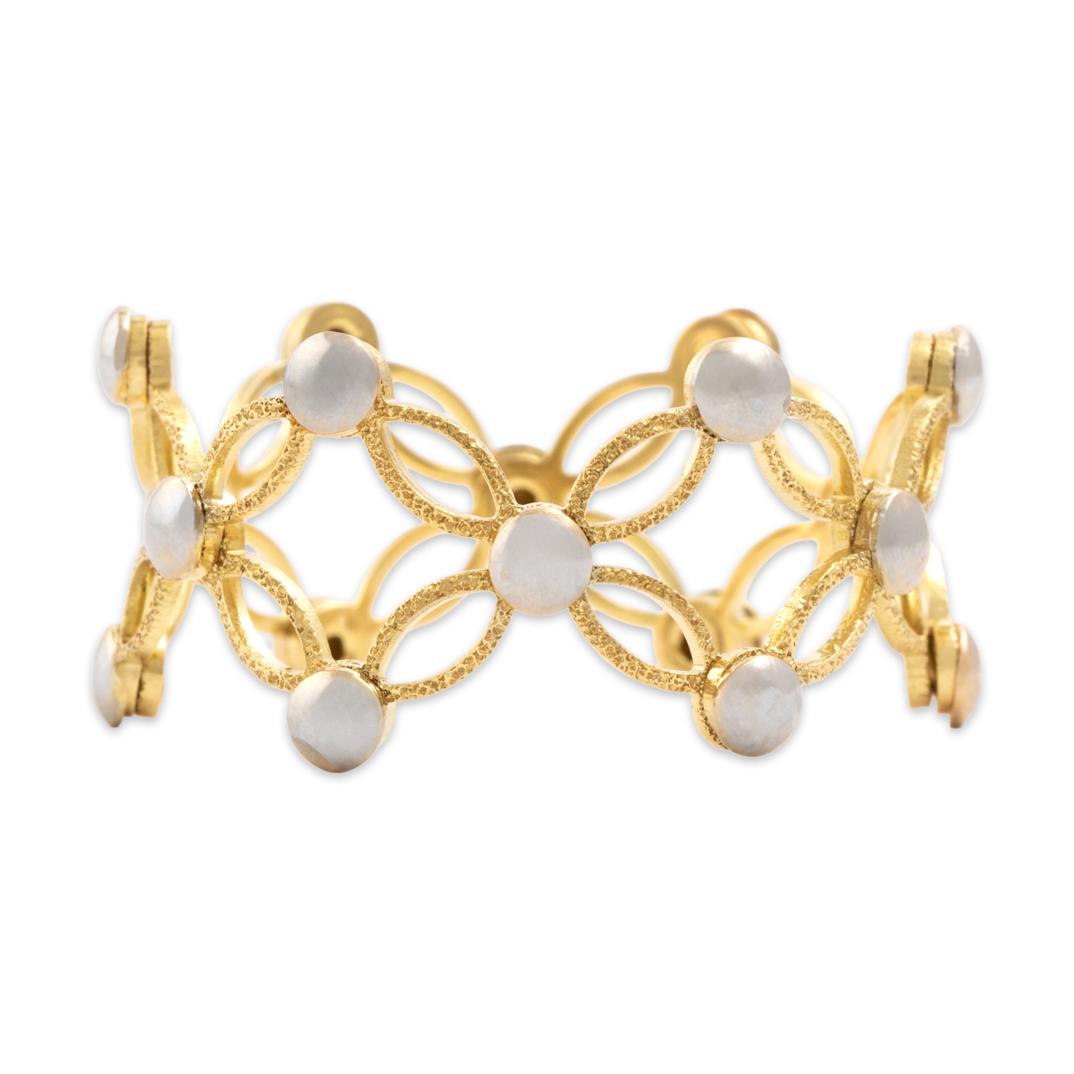 Vintage Italian 18k Yellow & White Gold Adjustable Textured Woven Dot Eternity Band Ring - Overall view