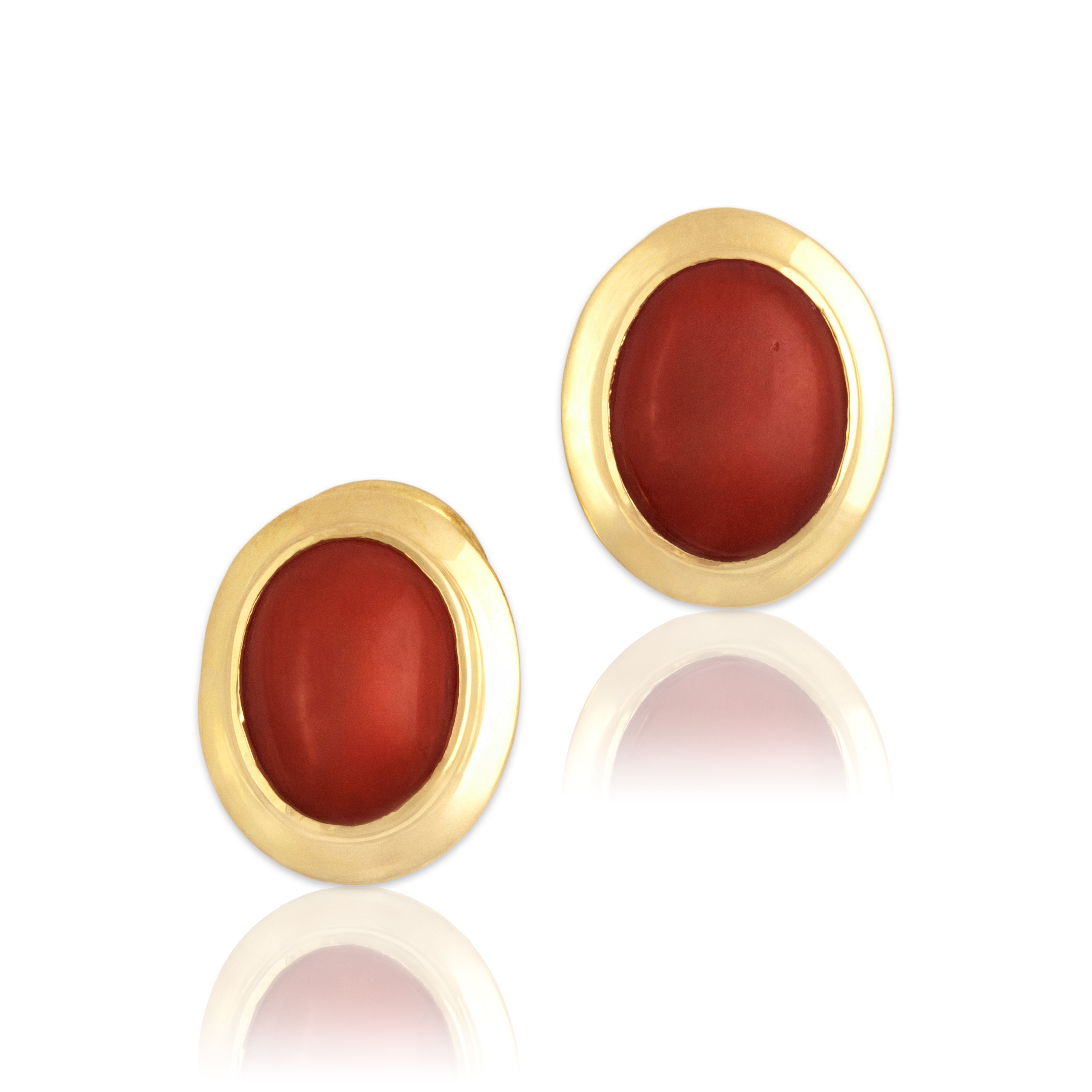 Vintage Italian 18k Yellow Gold Coral Refined Framed Oval Earrings