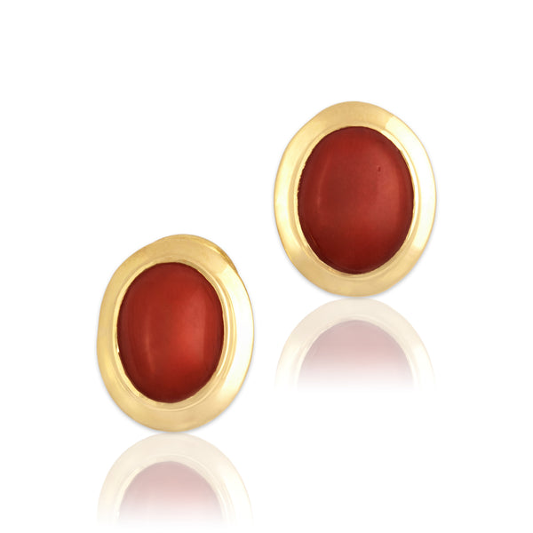 Vintage Italian 18k Yellow Gold Coral Refined Framed Oval Earrings