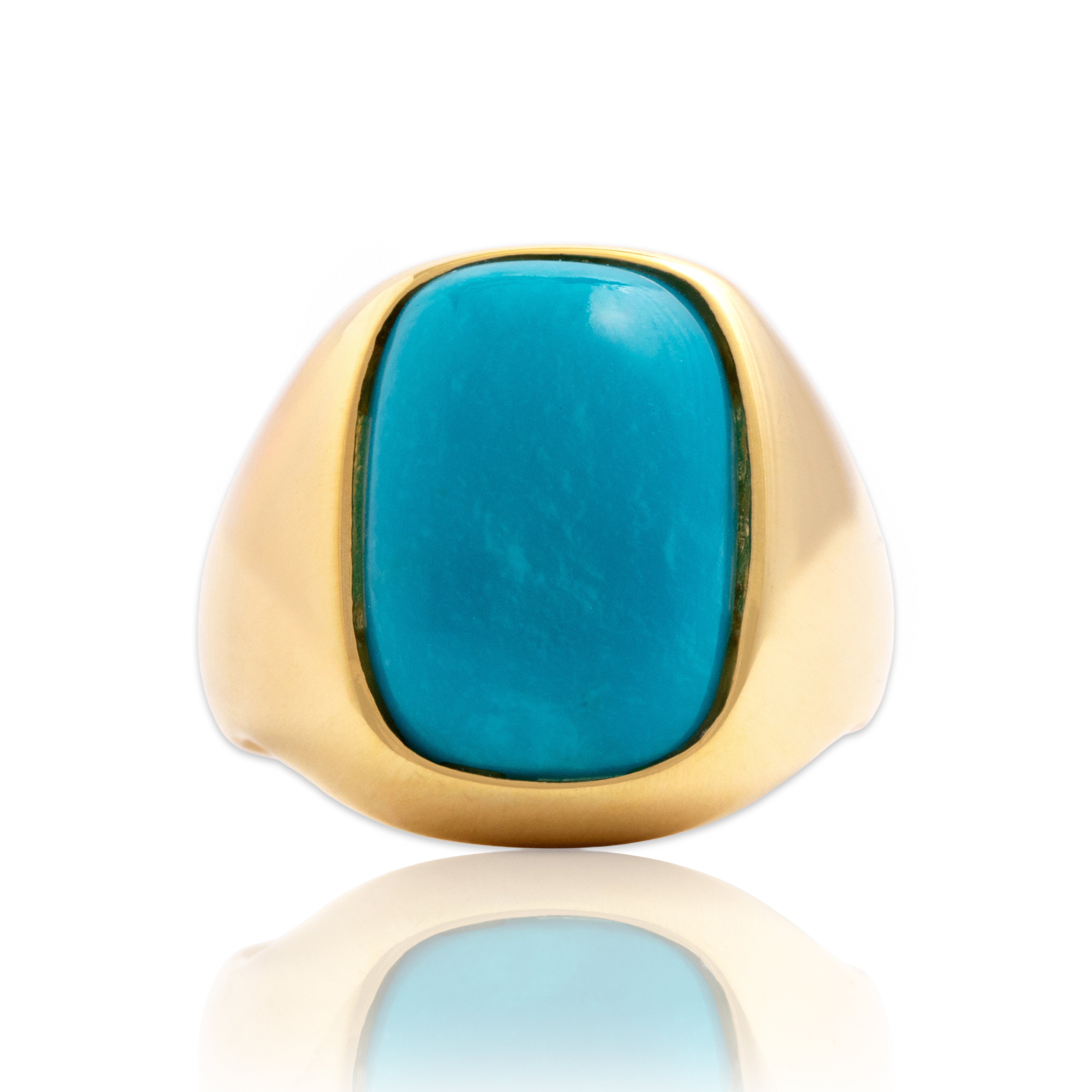 Vintage Italian Heavy 18k Yellow Gold 4.29ct Turquoise Bold Rectangular Cabochon Ring - Close-up view
