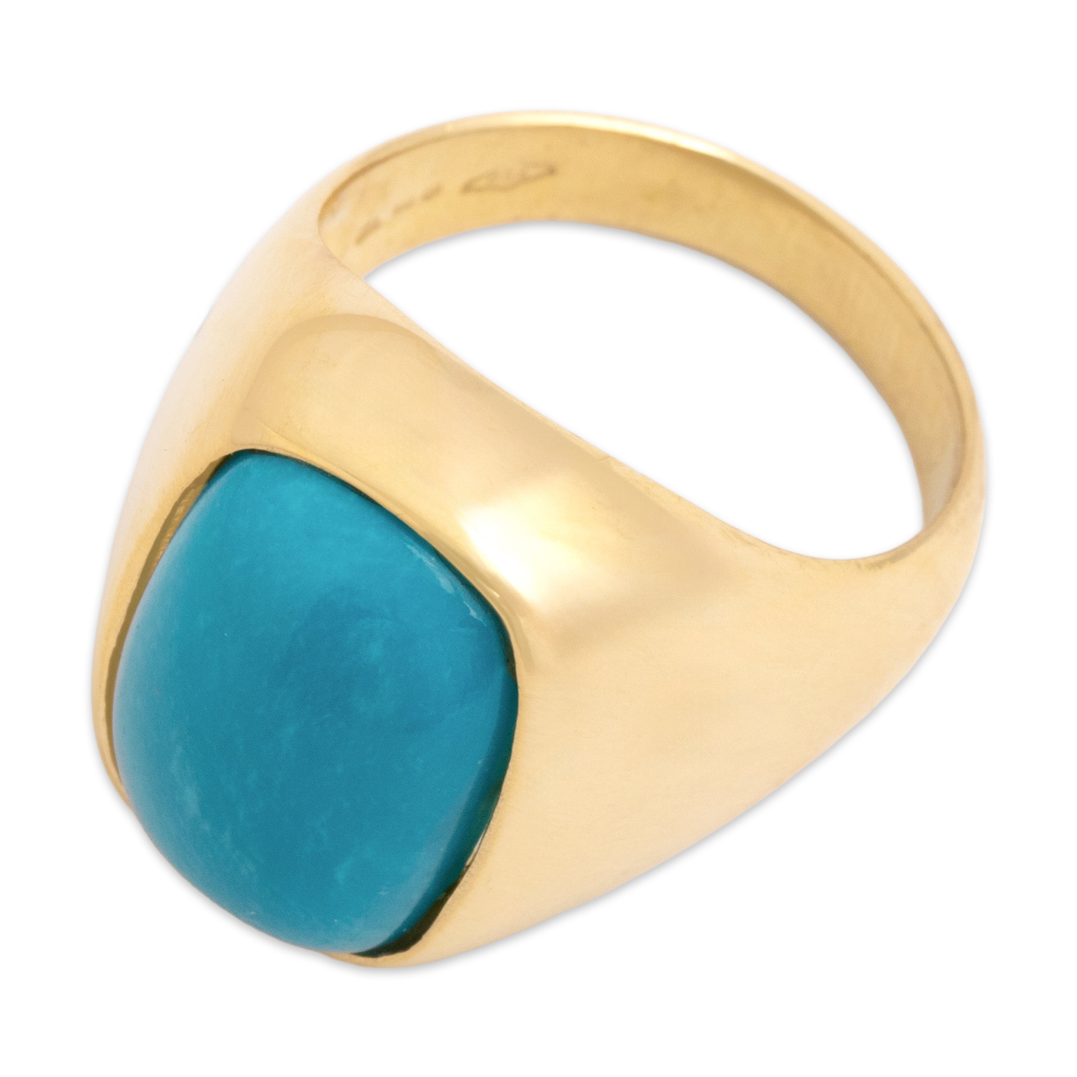 Vintage Italian Heavy 18k Yellow Gold 4.29ct Turquoise Bold Rectangular Cabochon Ring - Overall view