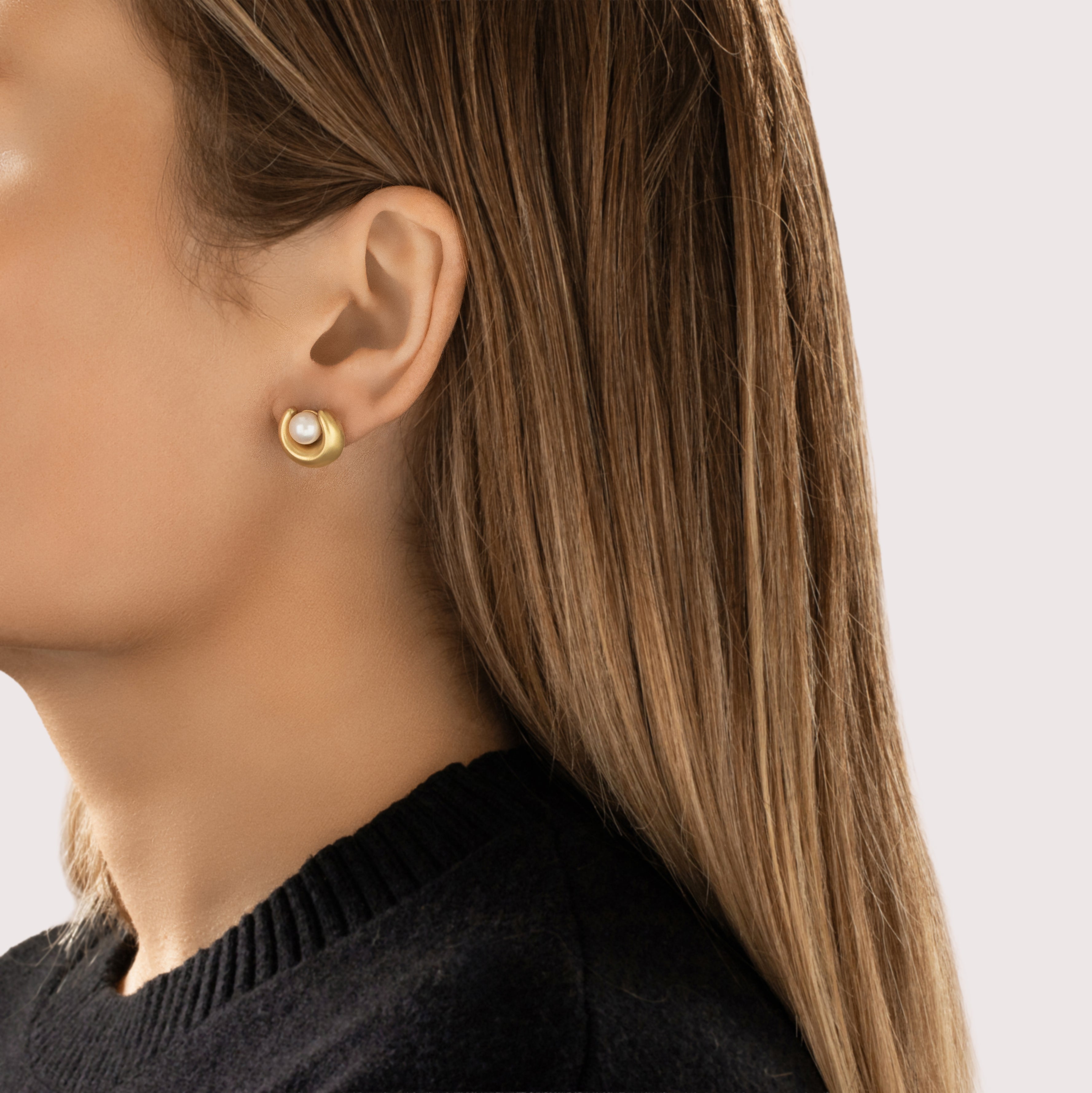 Vintage 18k Yellow Gold Pearl Brushed Crescent Moon Stud Earrings - On model view