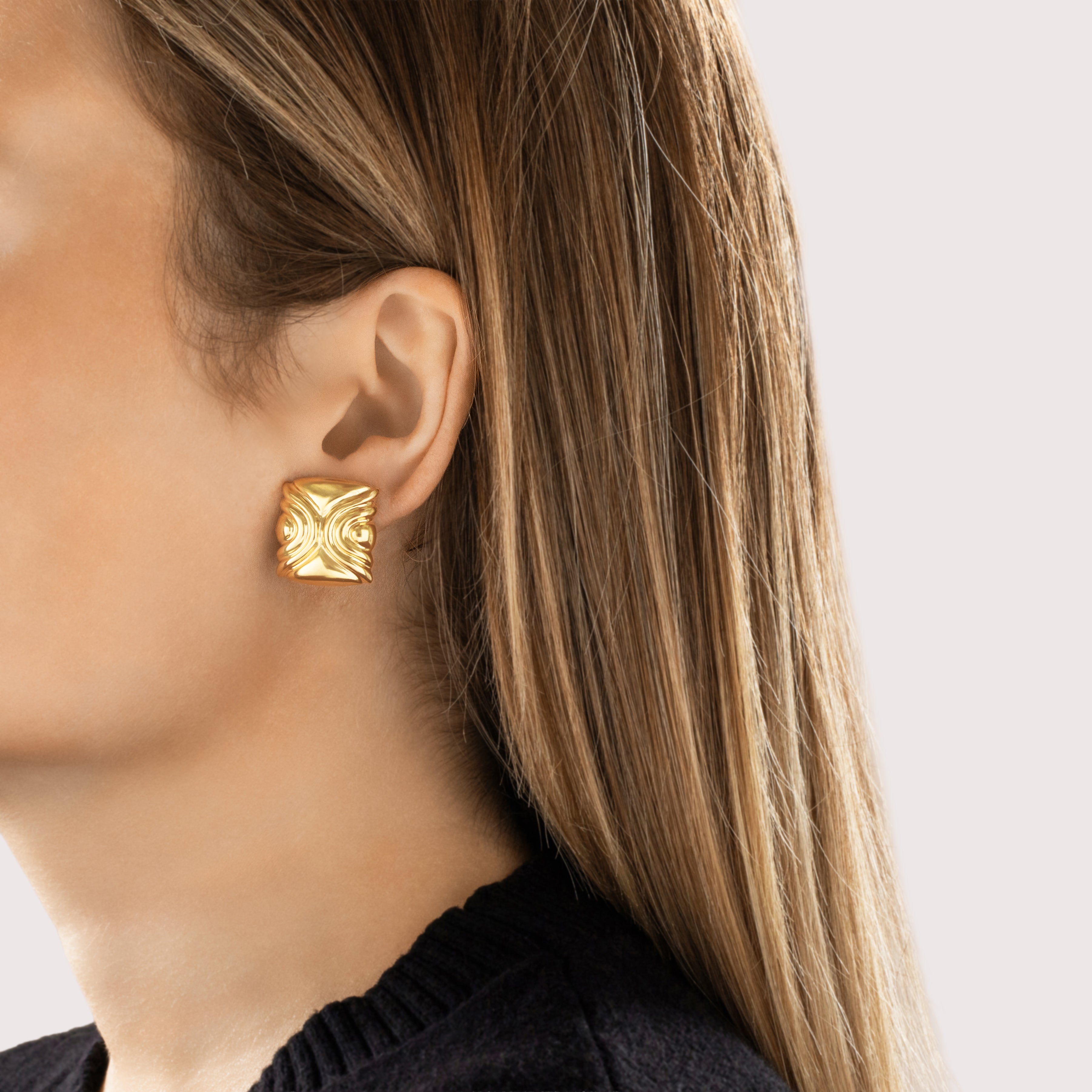 Vintage Italian Substantial 18k Yellow Gold Striking Square Omega Back Earrings - On model view